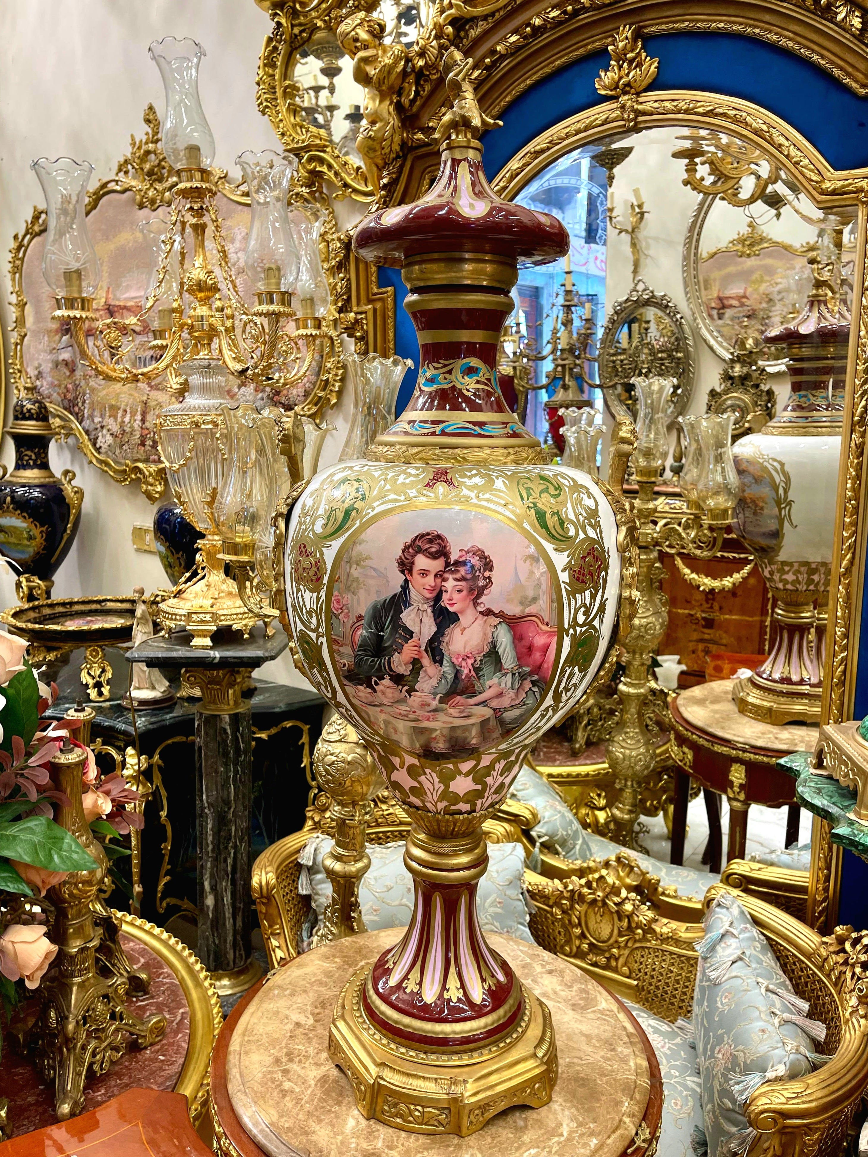 French Porcelain Vase with Romantic Couple Scene & Cherub Finial – Gilt Bronze Mounted Vase