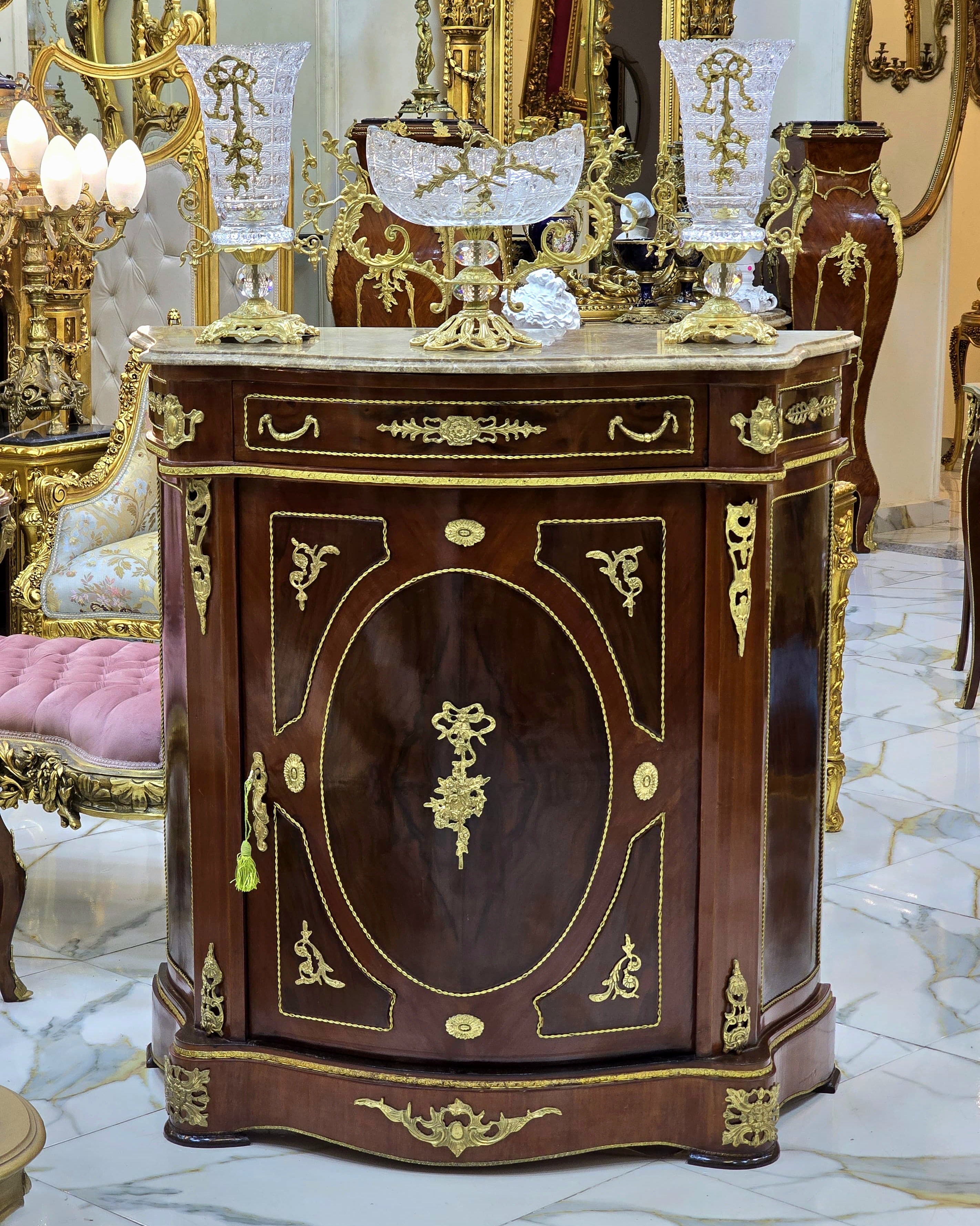 Louis XVI Marble Top Commode with Top Drawer & Marquetry Inlay