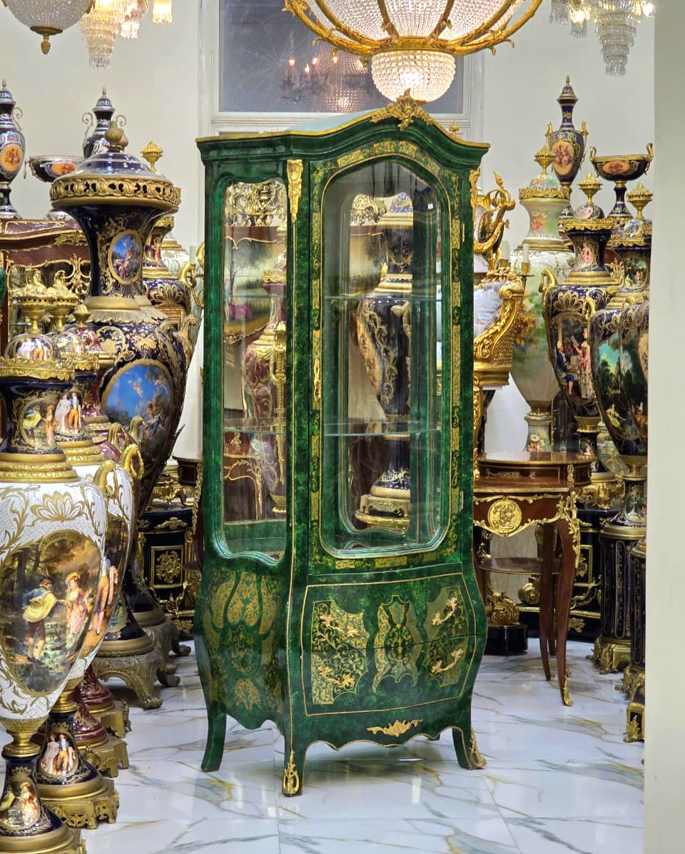 French Style Green Display Cabinet with Gold Leaf Details – Ornate Curio Vitrine Cabinet