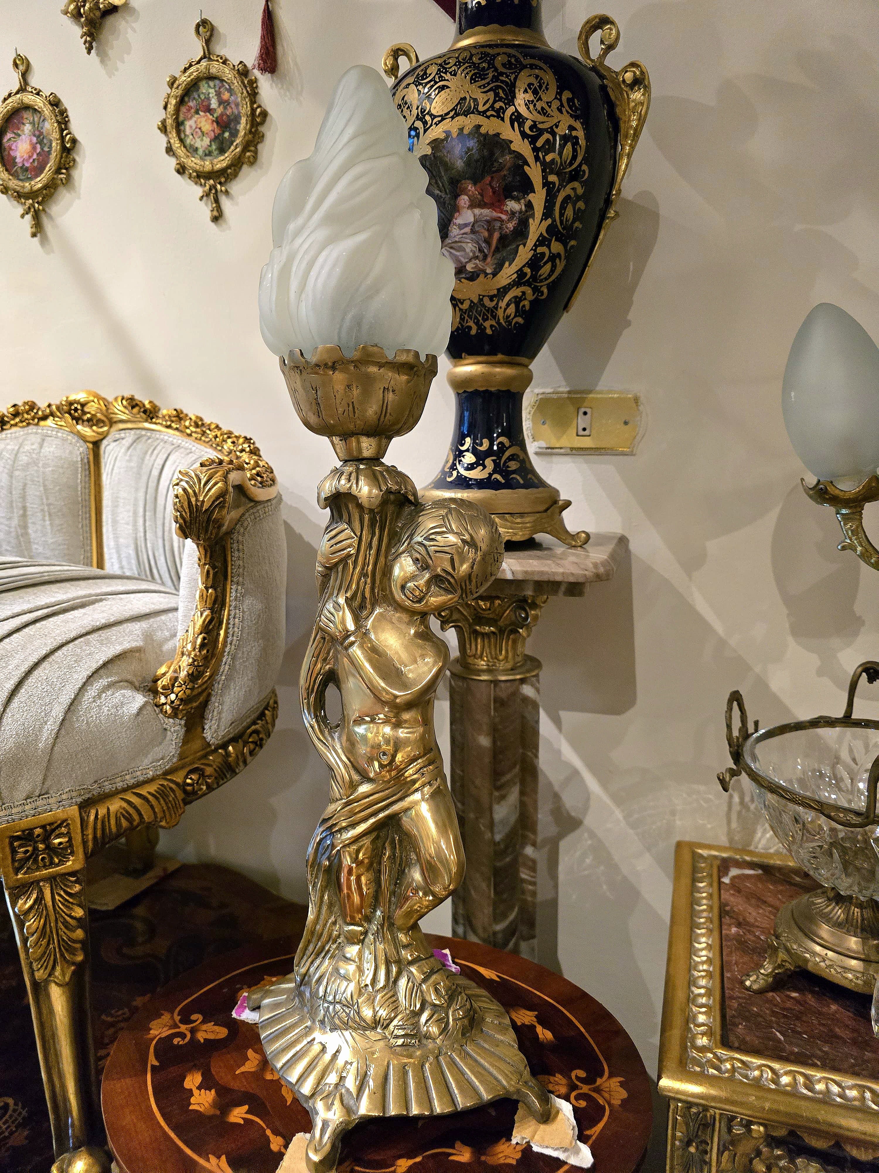 Rococo Style Cherub Table Lamp with Frosted Glass Flame Shade & Gilt Bronze Finish