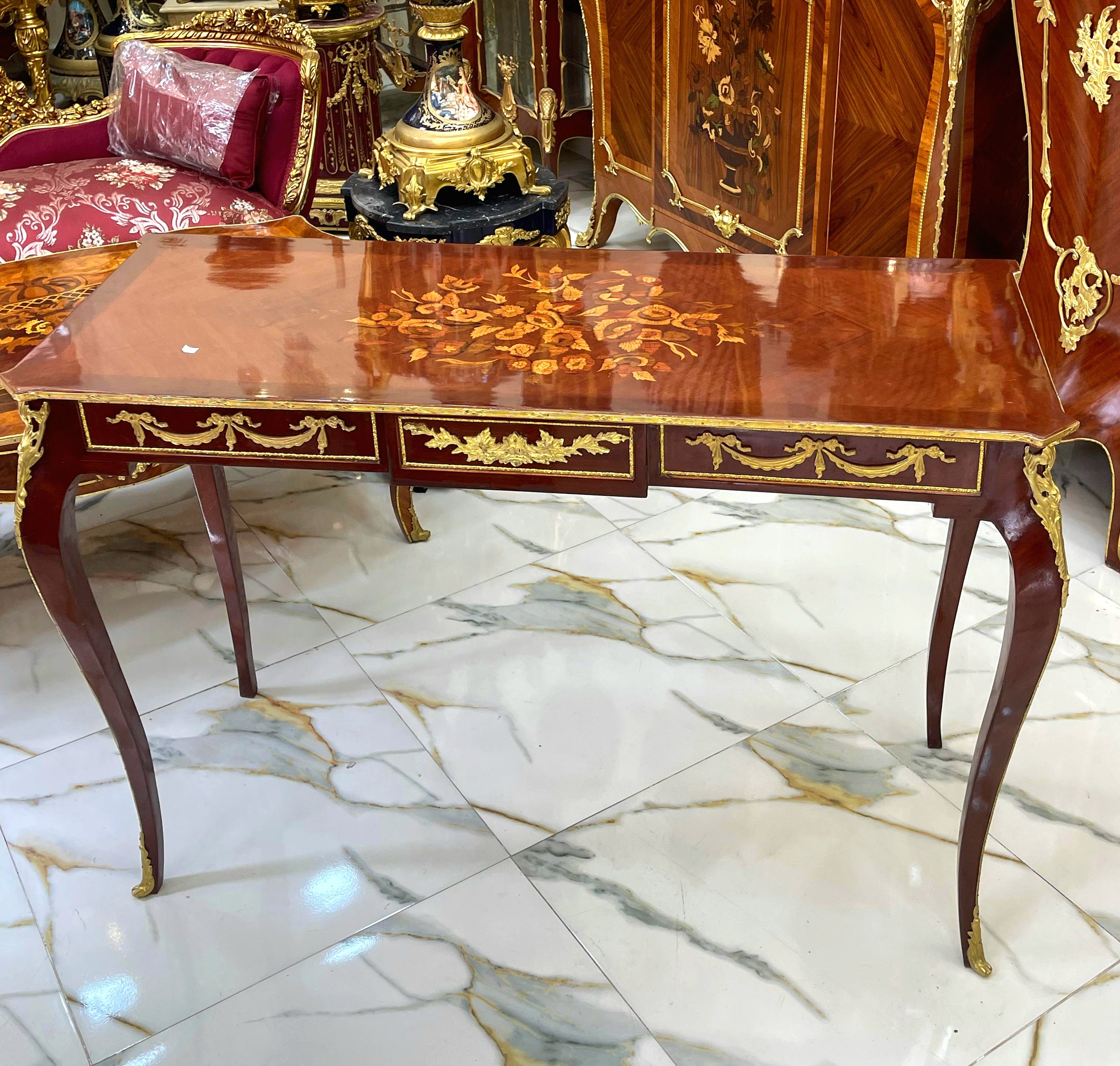 Elegant French Style Console Table or Desk – Handcrafted, Brown Finish with Gold Leaf, 35"H x 44"W x 15"D
