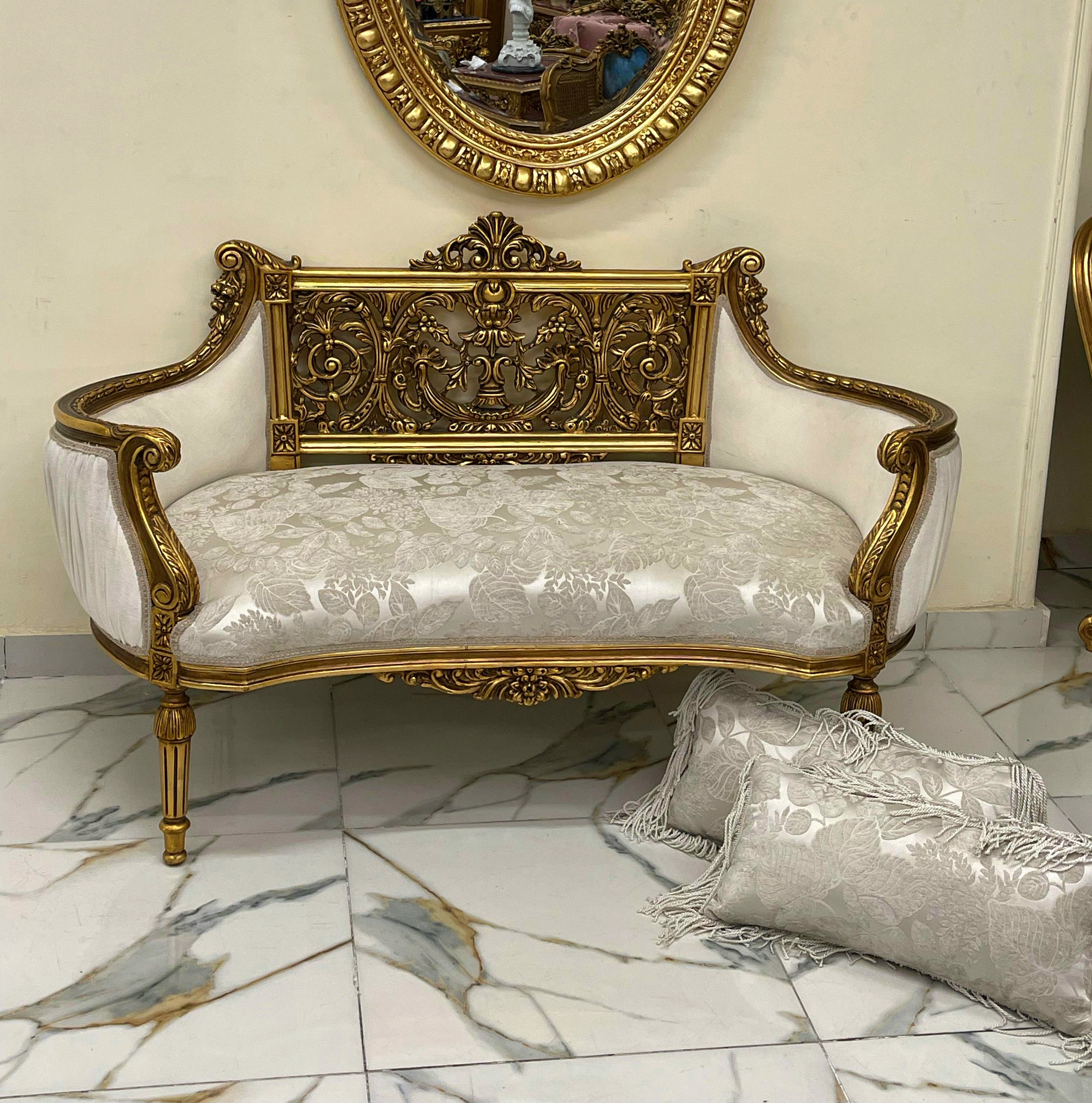 Elegant French Rococo Sofa in White & Beige Damask with Hand-Applied Gold Leaf Accents
