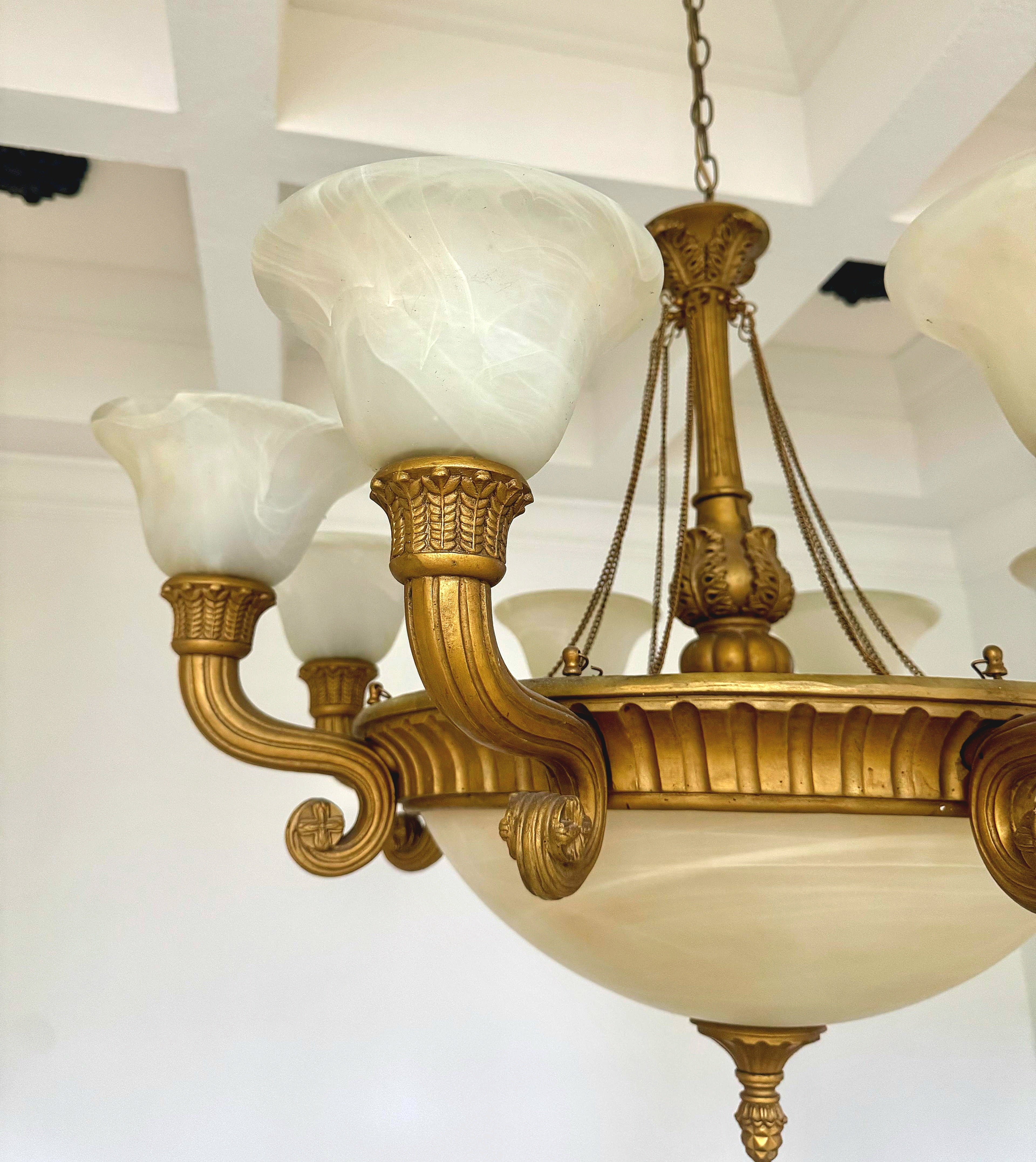 French Empire Vintage 36" Neoclassical Alabaster & Heavy Gilded Brass Chandelier 11 Bulbs