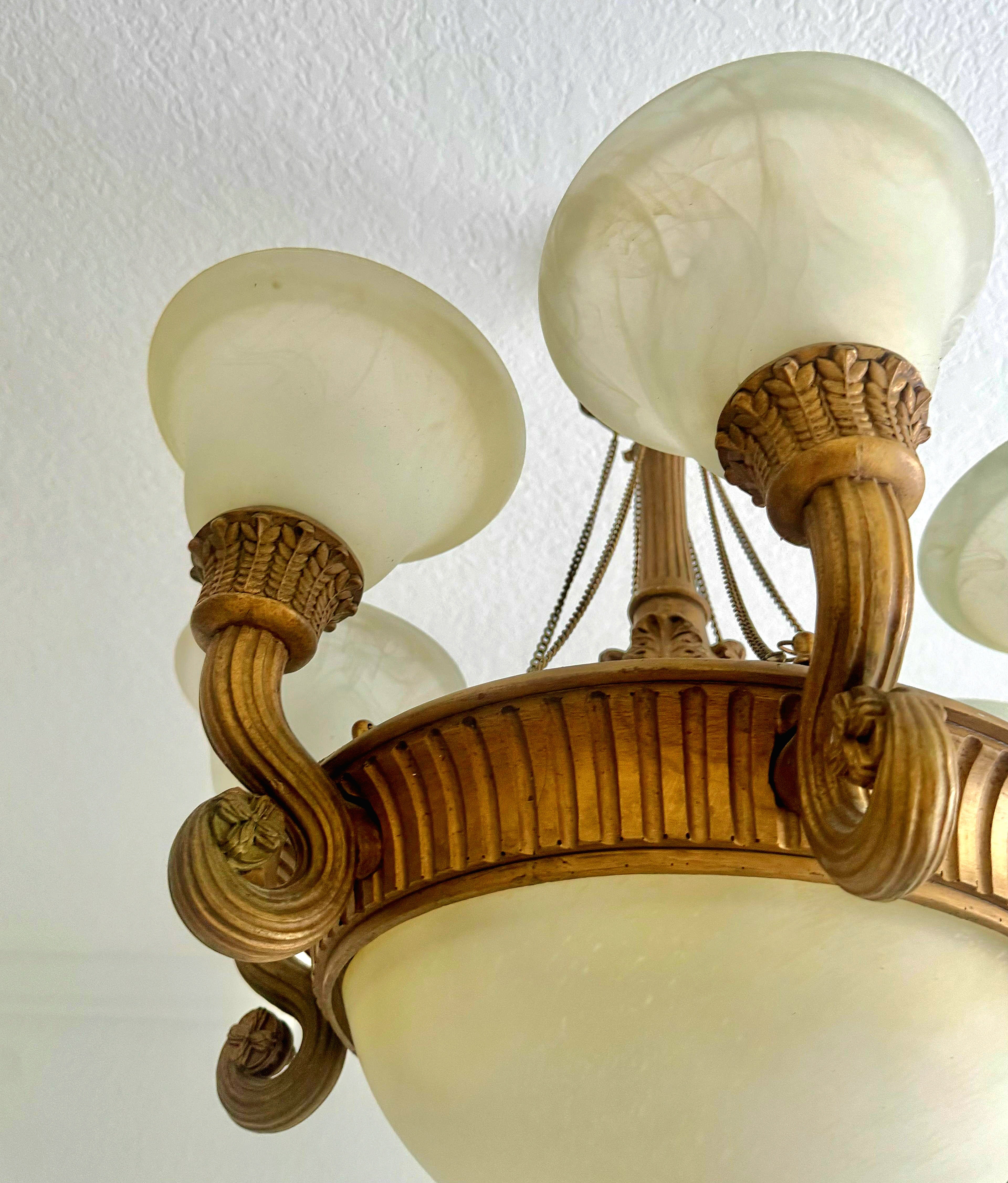 French Empire Vintage 26"H Set of 2 (ceiling to bottom 32”) Neoclassical Alabaster & Heavy Gilded Brass Chandelier 9 Bulbs
