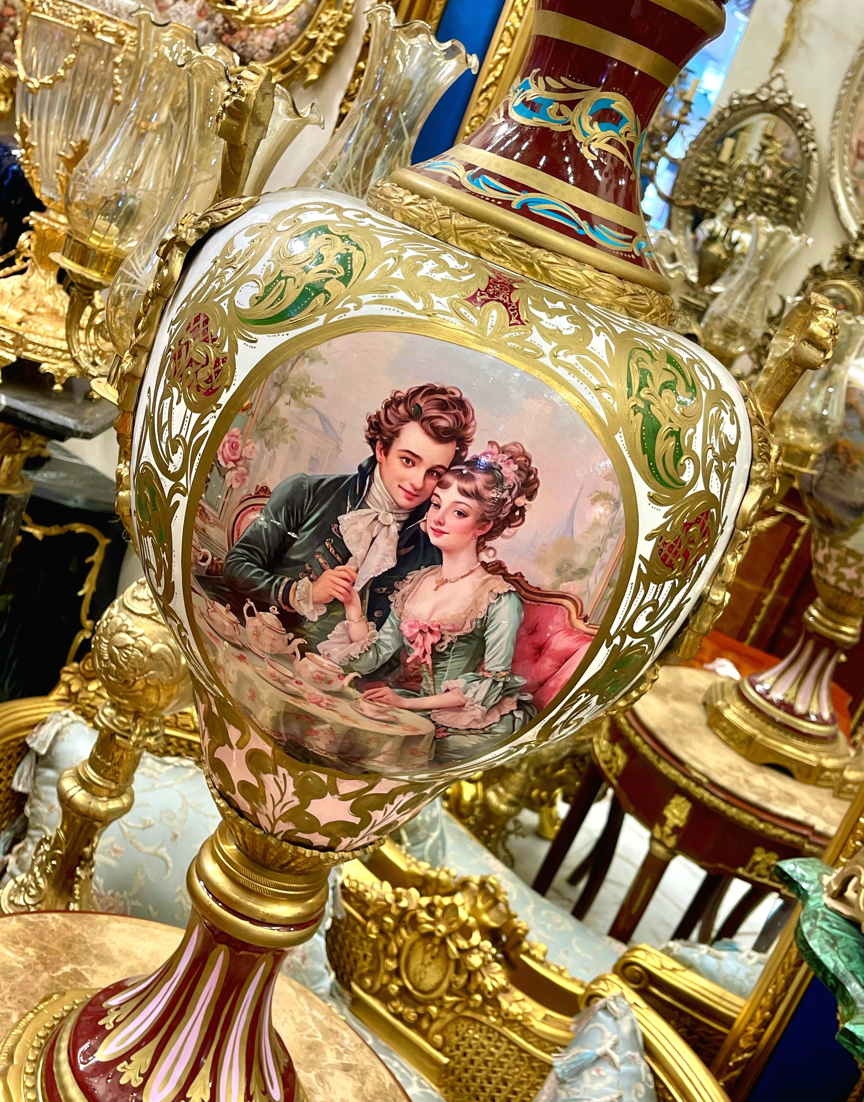 French Porcelain Vase with Romantic Couple Scene & Cherub Finial – Gilt Bronze Mounted Vase