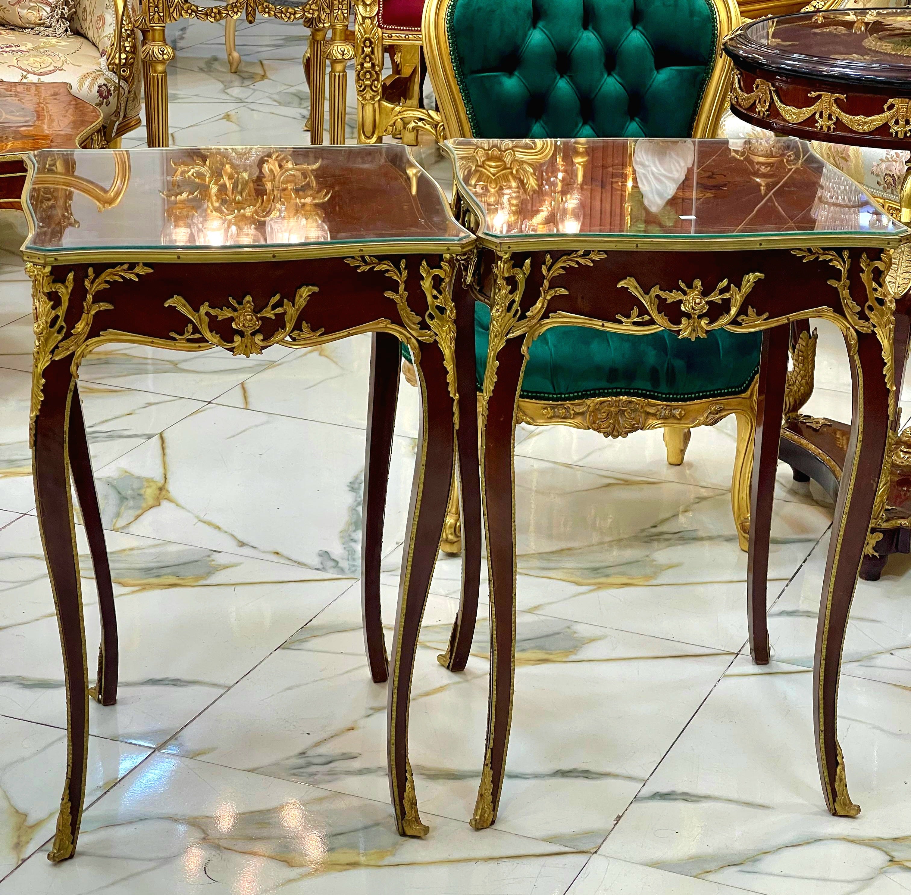 French Accent Side Table with Glass Top, Gold Leaf & Bronze Details