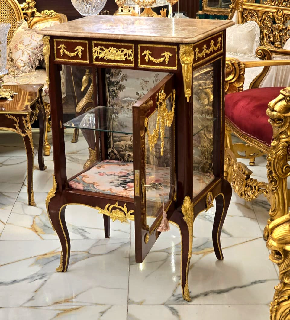 Louis XV Marquetry Bedside Cabinet with Floral Damask Interior & Marble Top