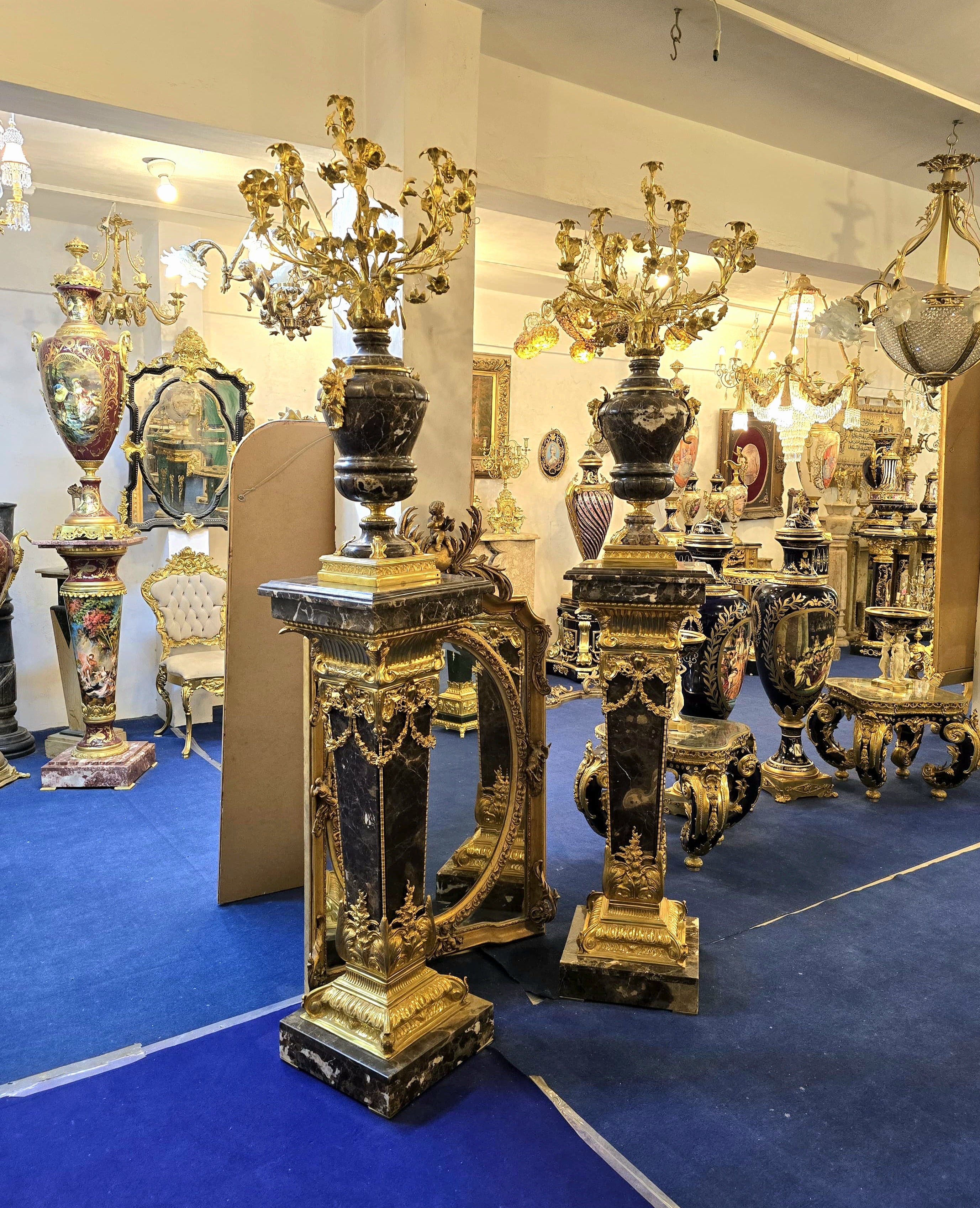 Magnificent Louis XVI-Style Black Porcelain Decorative Centerpiece with Gold Leaf Floral Details & Gilded Bronze Accents