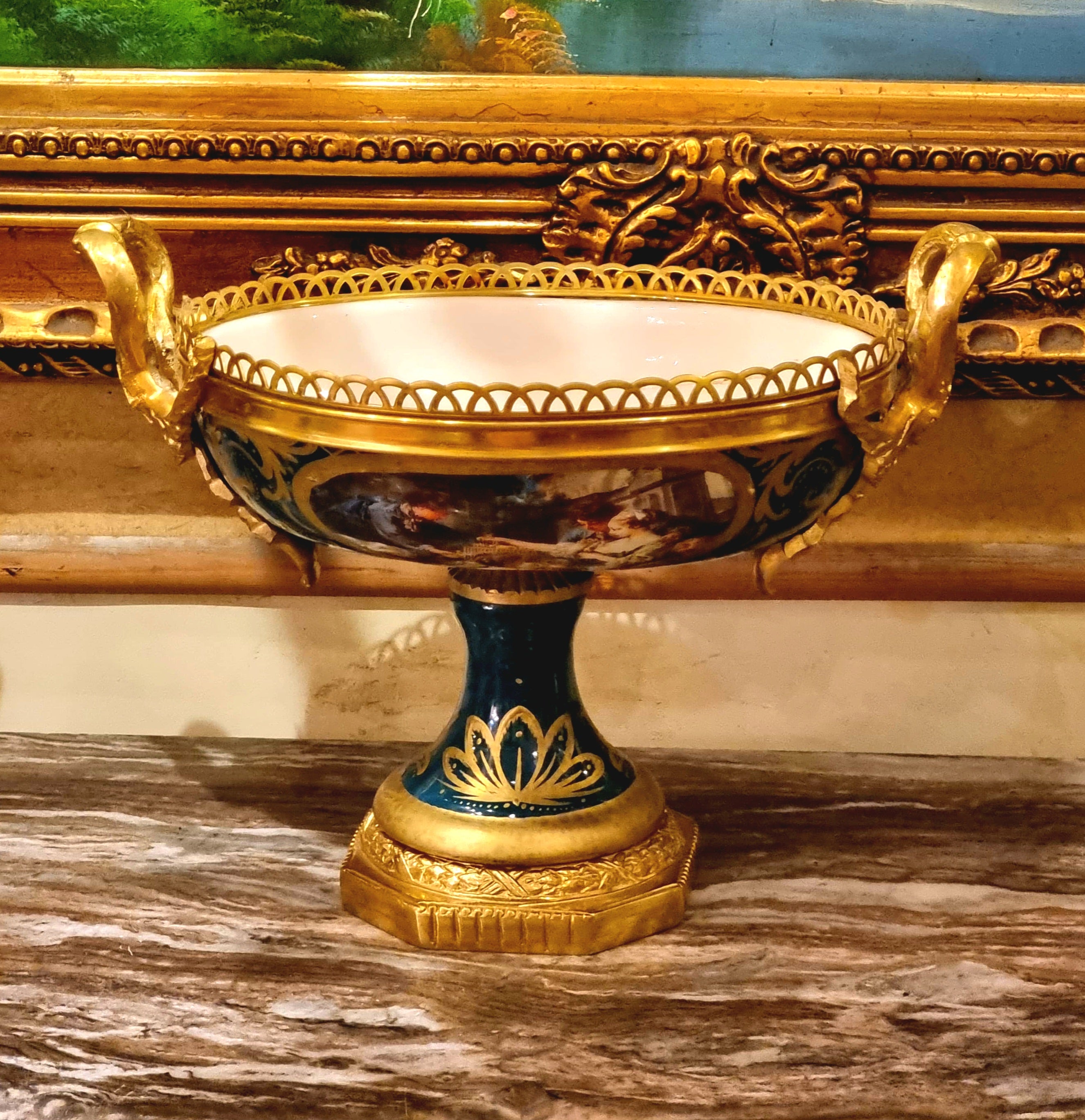French Louis XV Style 3-Piece Porcelain Garniture Set with Bronze & Gold Leaf Details