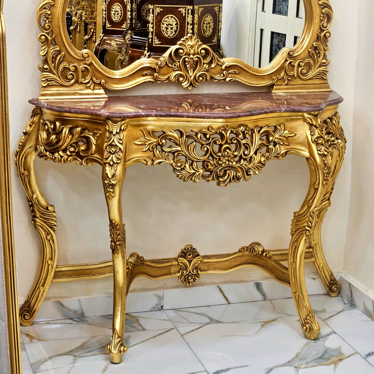 Majestic Hand-Carved Rococo Vanity Set with Unique Marble Top, Ornate Mirror & Gold Leaf Console Table