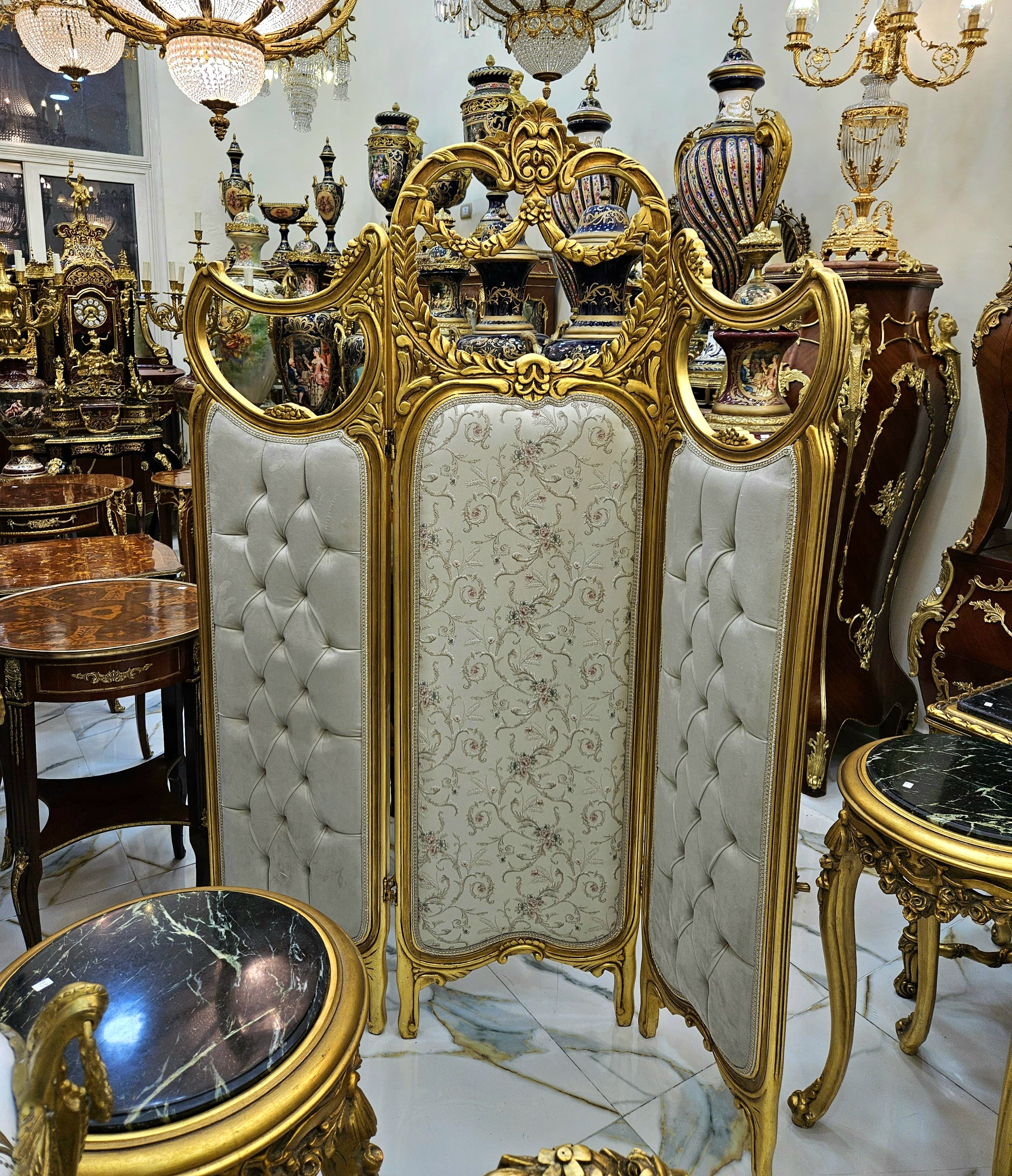 French Style Tufted Paravan Room Divider with Gold Leaf Frame – Off White Folding Screen