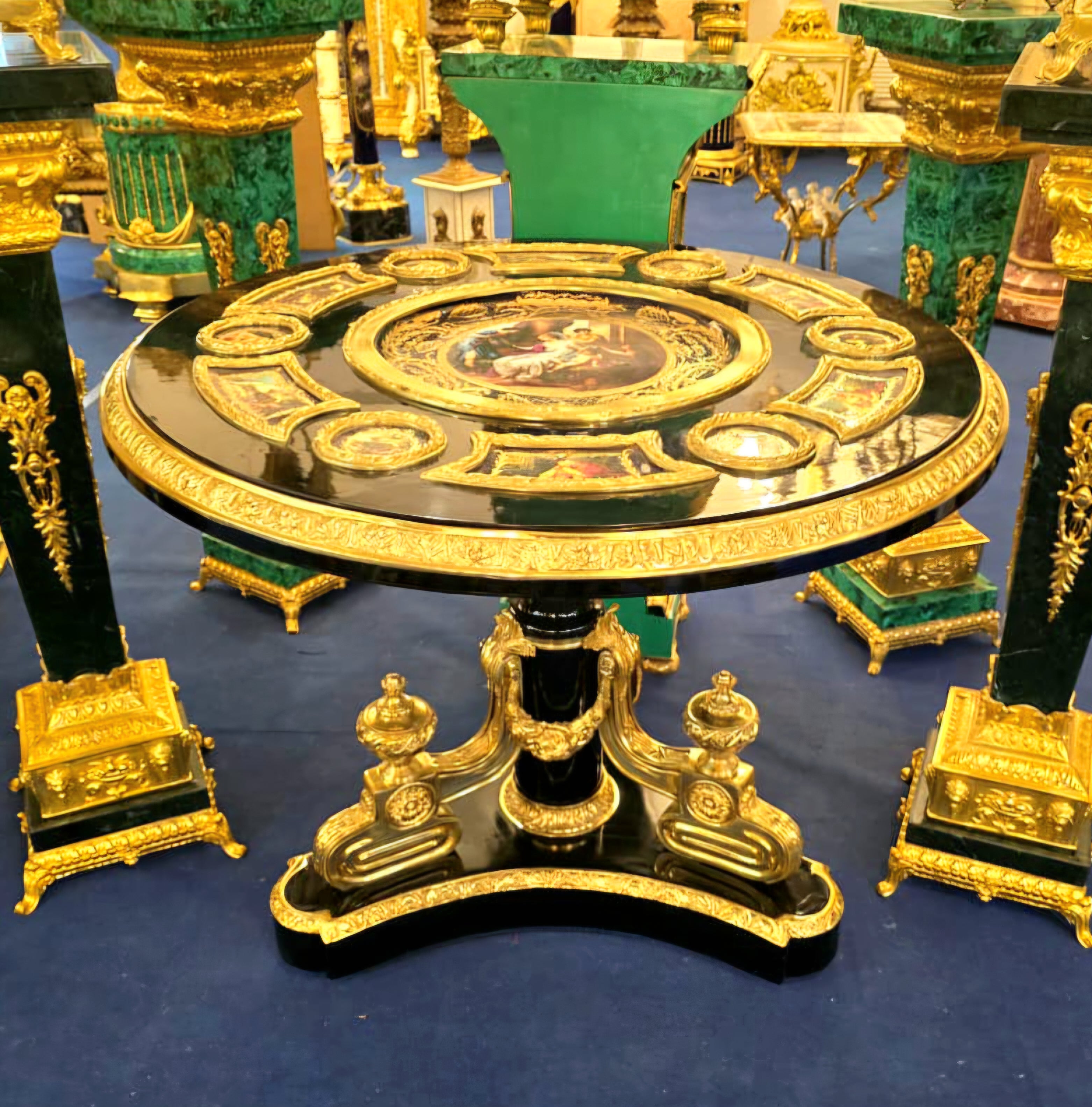 Grand Rococo Style Black Round Dining Table with Gold Leaf Details & Decorative Artwork Insets