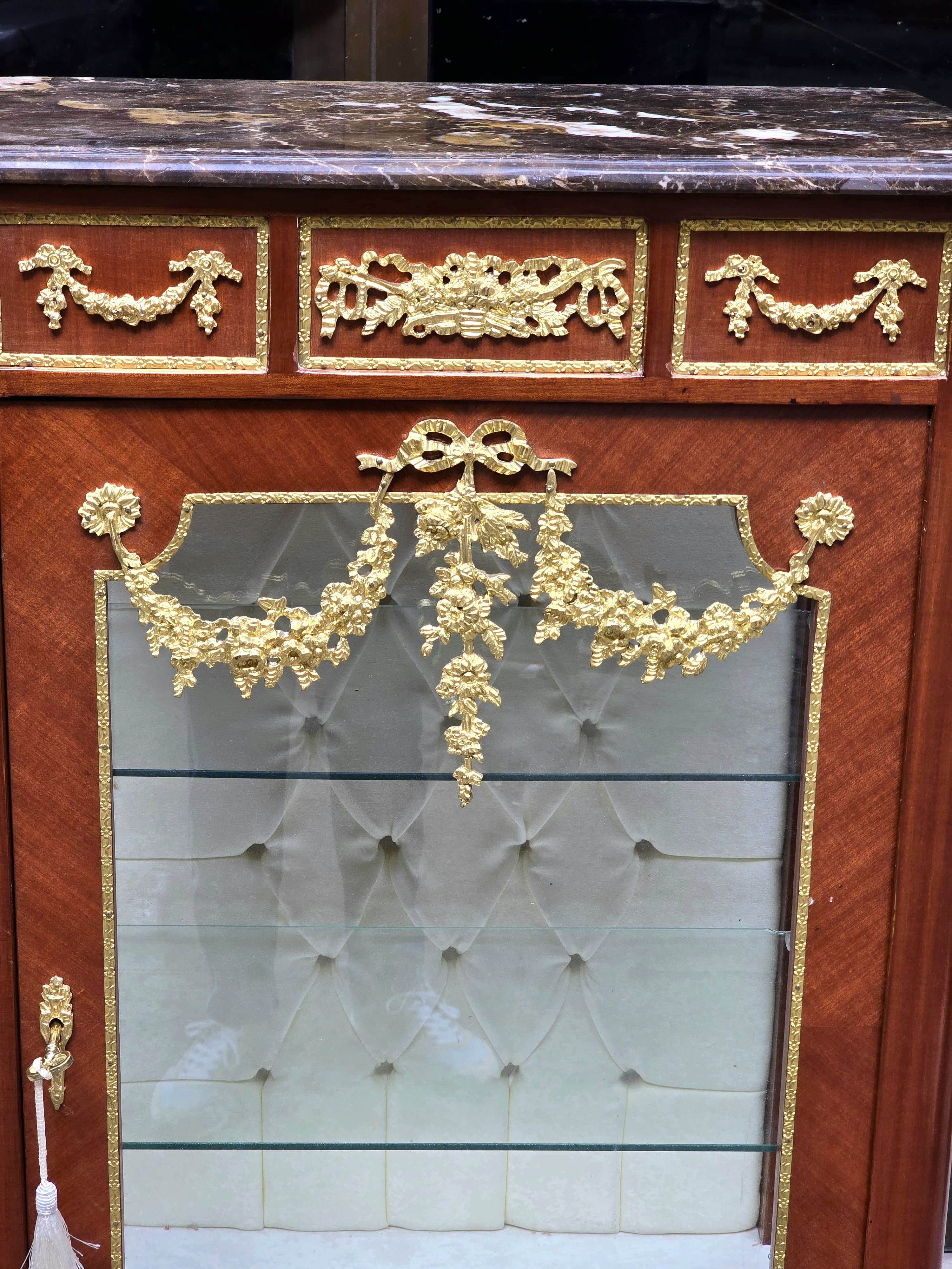 Louis XV Marquetry Bedside Cabinet with Glass Door, Marble Top & Gold Accents