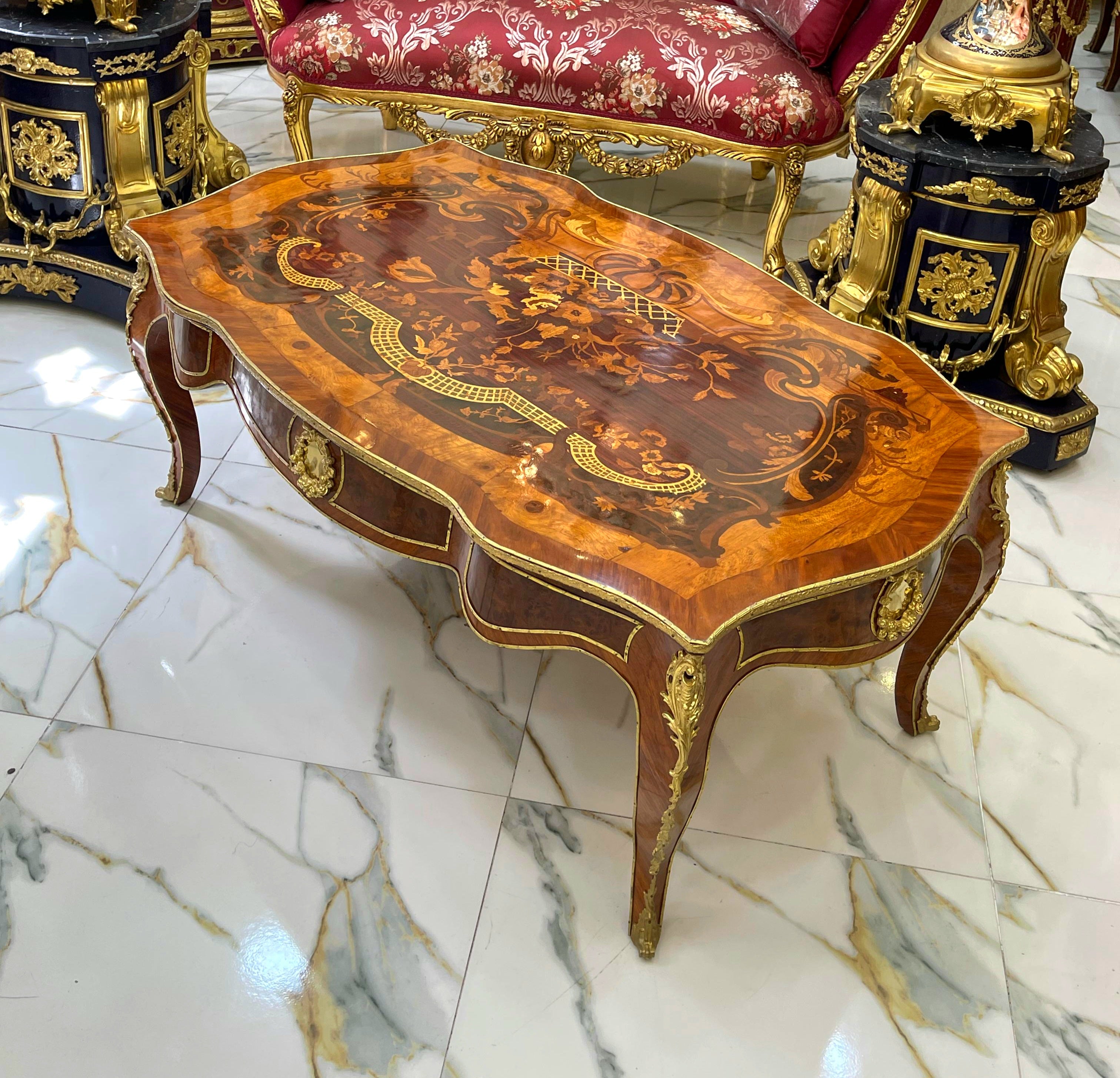 French Style Wooden Coffee Table – Copper Finish with Bronze Accents