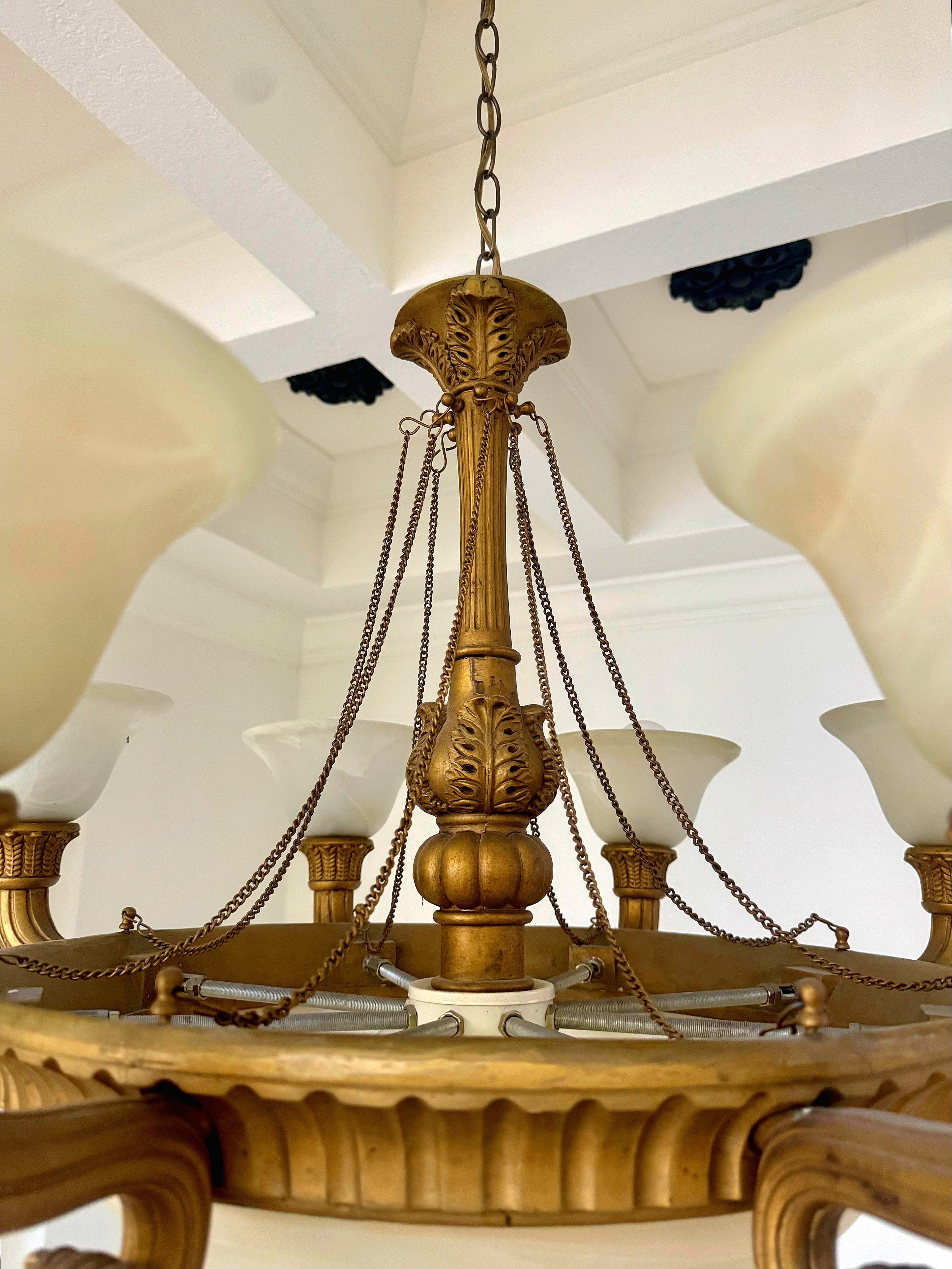 French Empire Vintage 36" Neoclassical Alabaster & Heavy Gilded Brass Chandelier 11 Bulbs