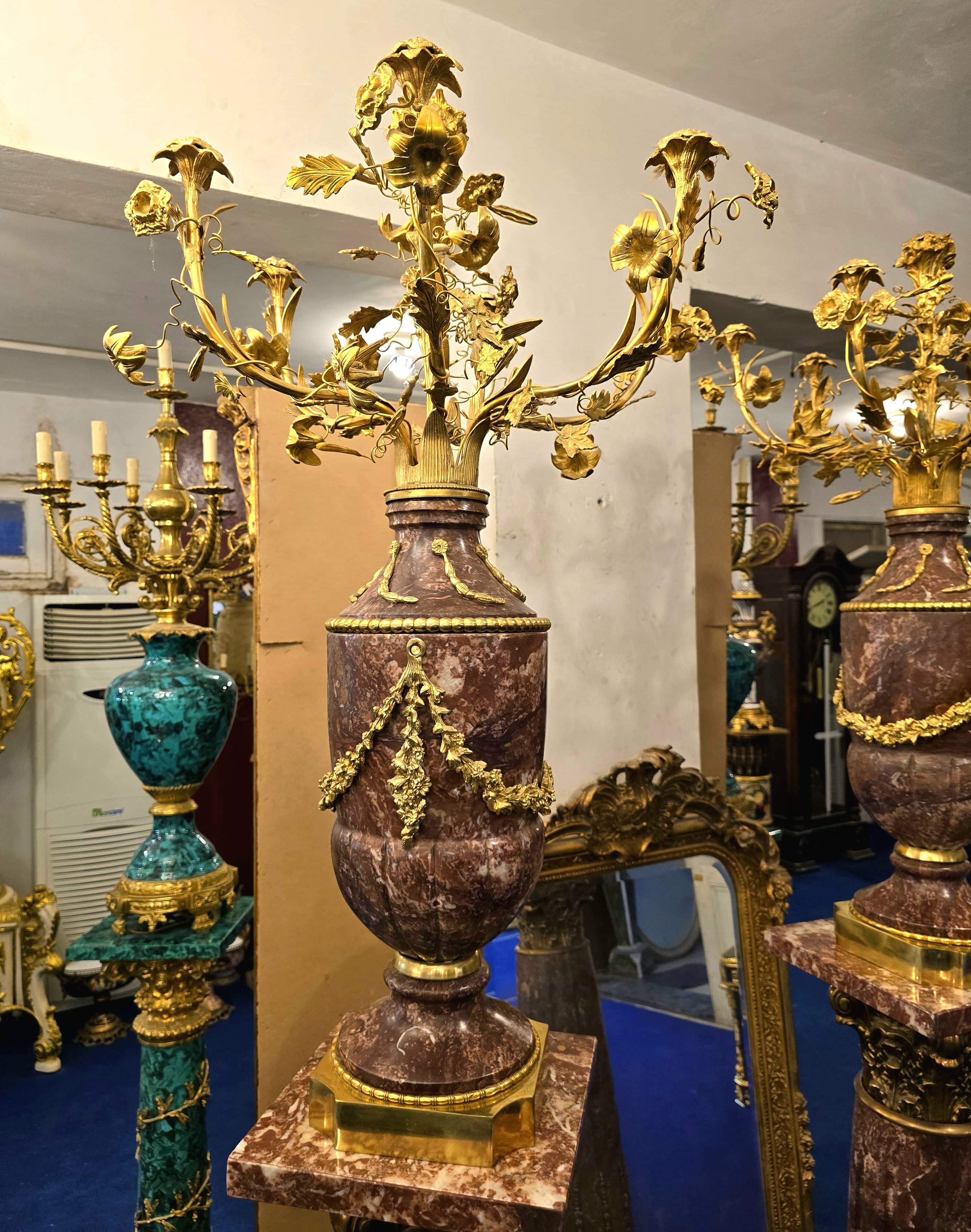 Magnificent Louis XVI-Style Porcelain Pedestal Centerpiece with Floral Gold Leaf Details & Gilded Bronze Accents