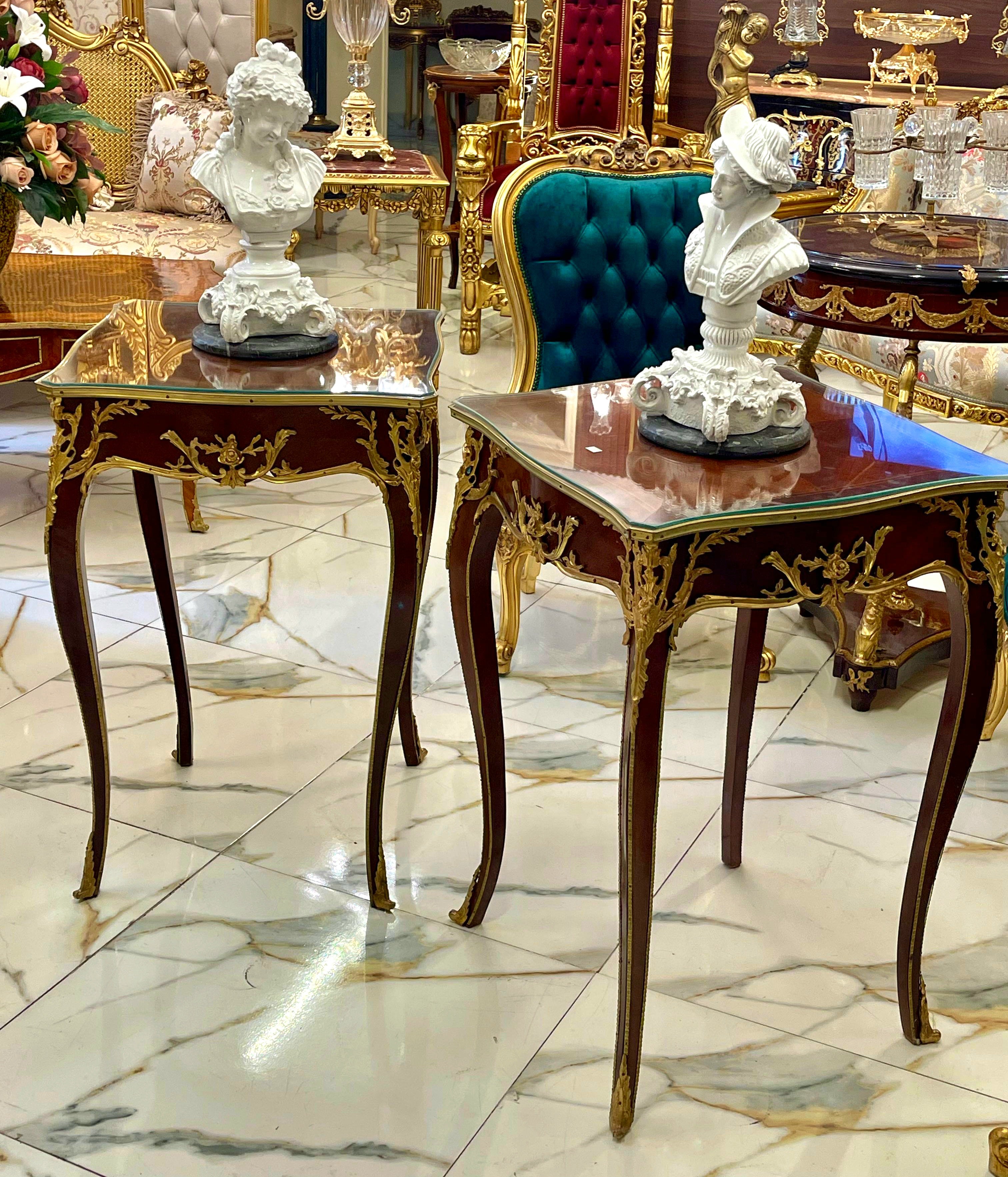 French Accent Side Table with Glass Top, Gold Leaf & Bronze Details