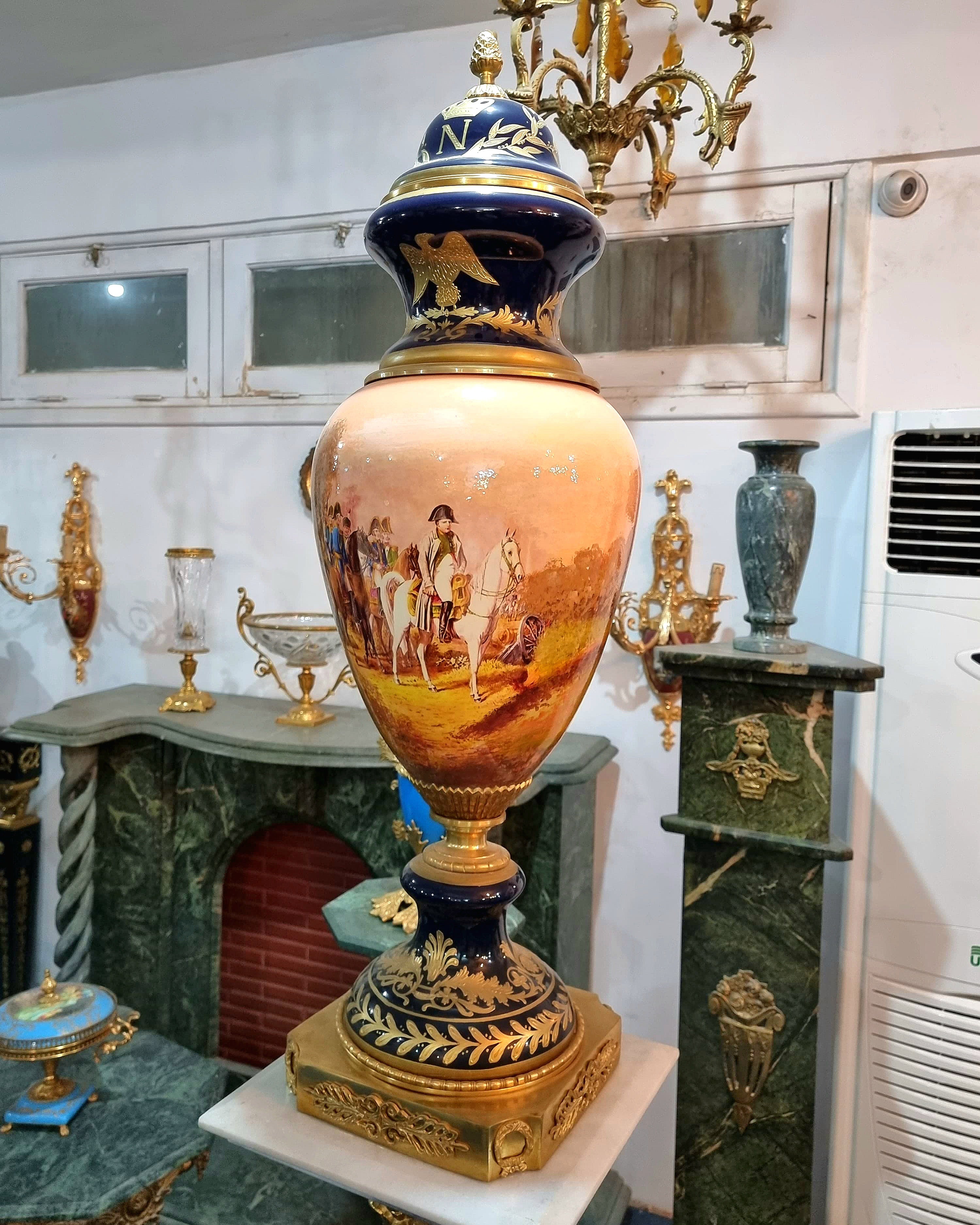 French Style Blue Porcelain Vase with Napoleonic Scene, Gold Leaf & Bronze Accents