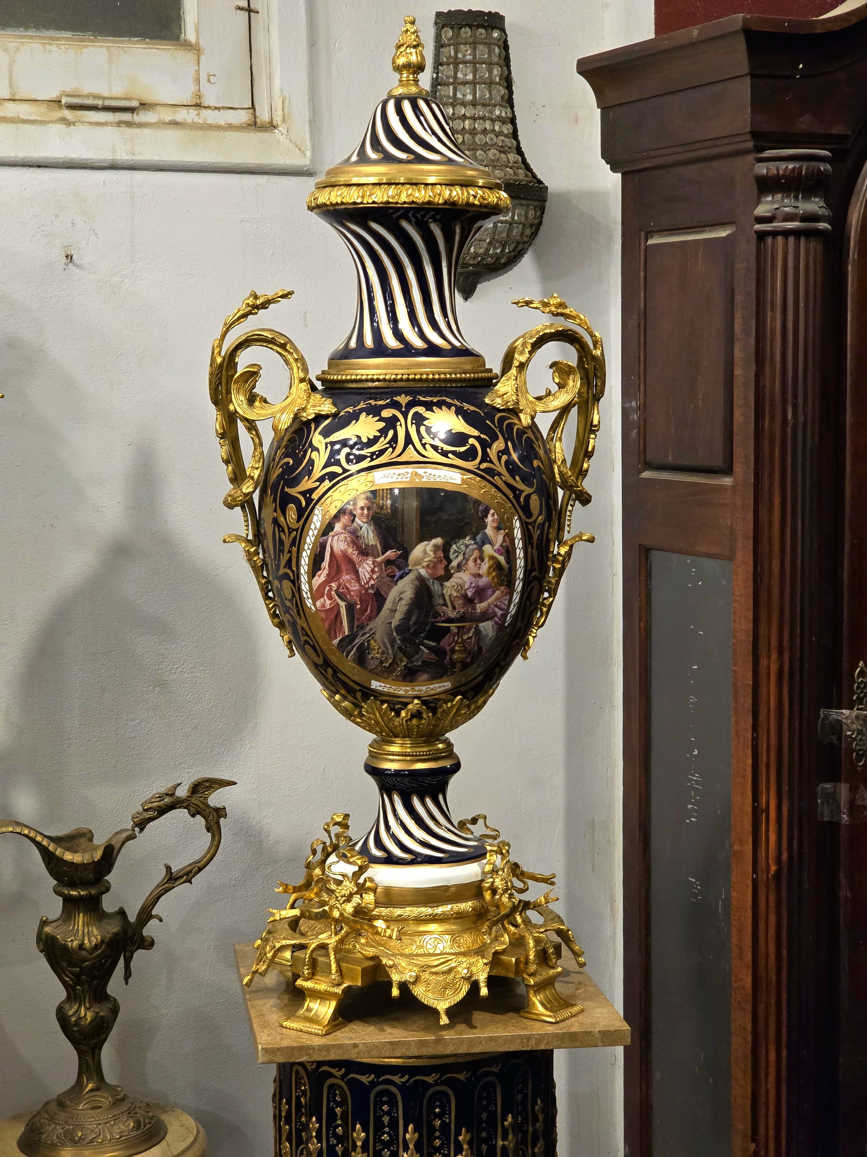 Grand Baroque-Style Black Porcelain Vase with Marble Pedestal & Gold Leaf Details