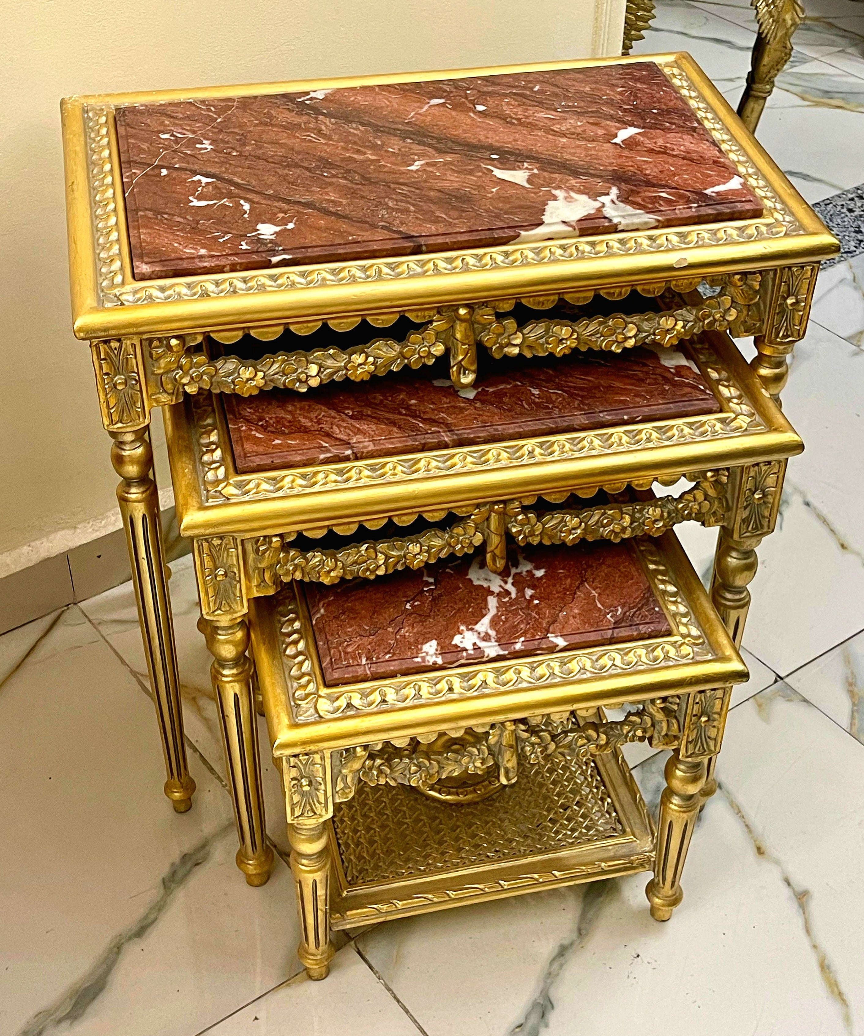 French Style Nesting Tables – Set of 3 Marble with Gold Leaf Details
