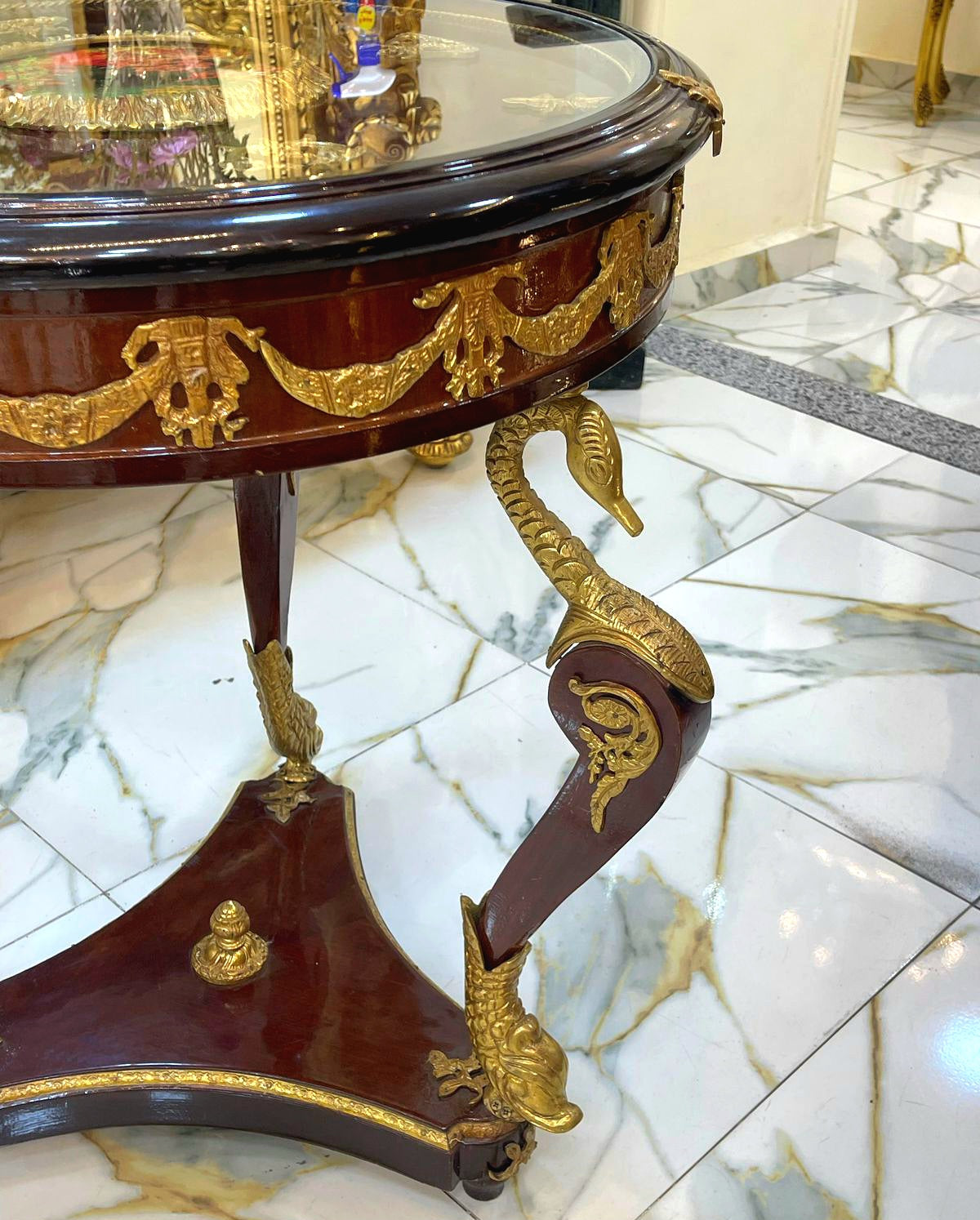 French Style Wood Side Table with Glass Top, Gold Leaf Details & Decorative Artwork