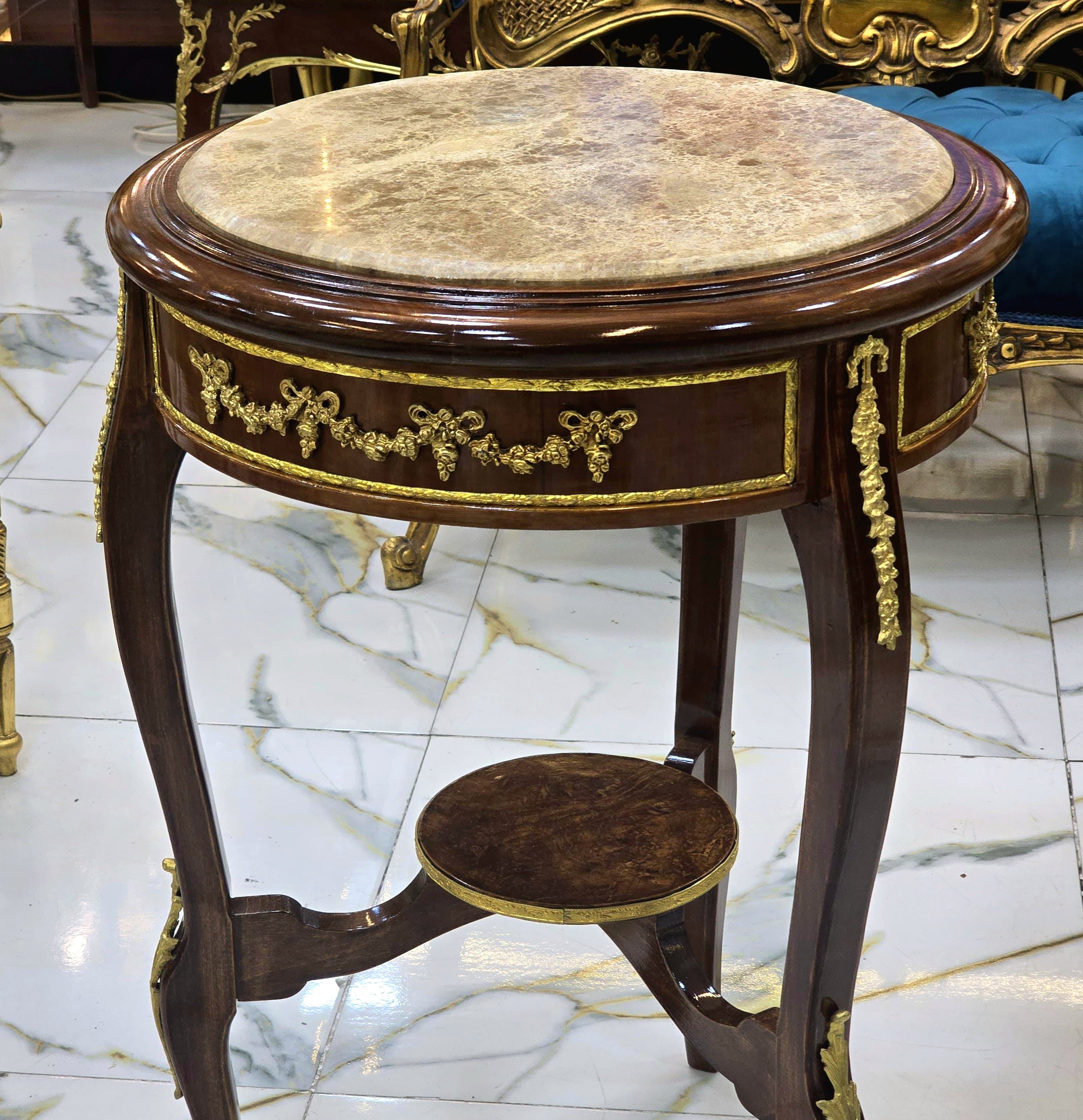 French Baroque Accent Table with Marble Top & Ornate Gold Details