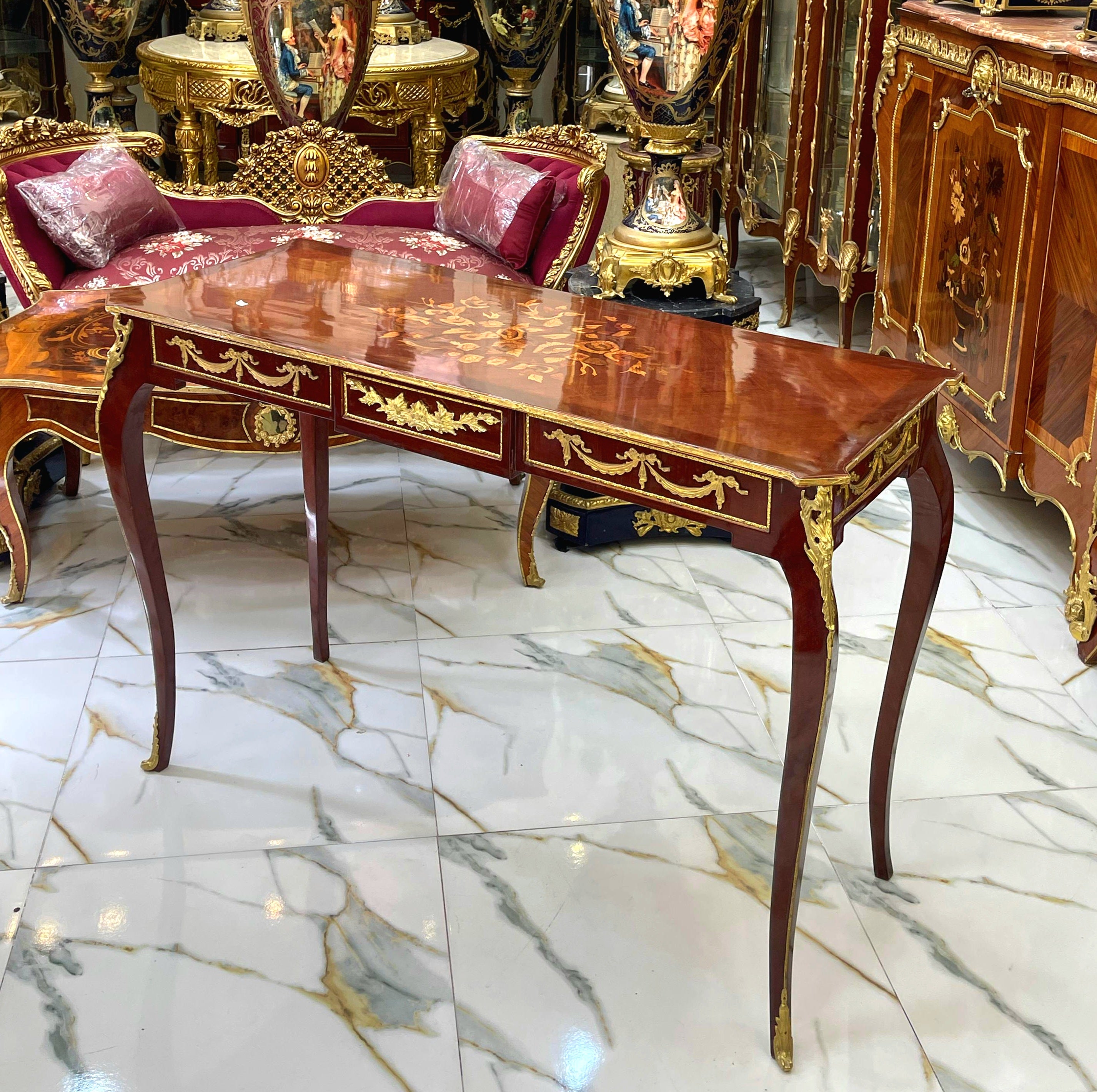 Elegant French Style Console Table or Desk – Handcrafted, Brown Finish with Gold Leaf, 35"H x 44"W x 15"D