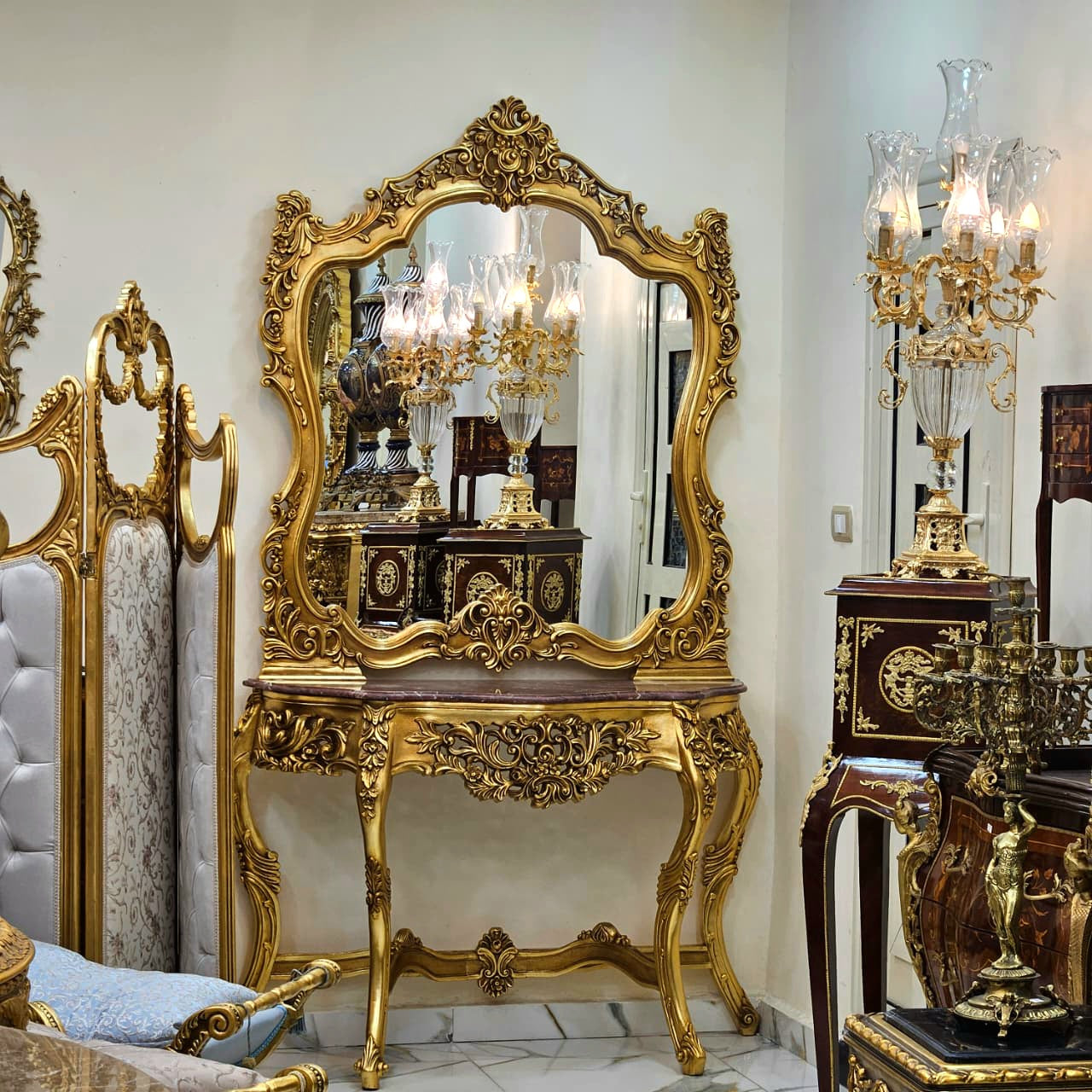 Majestic Hand-Carved Rococo Vanity Set with Unique Marble Top, Ornate Mirror & Gold Leaf Console Table