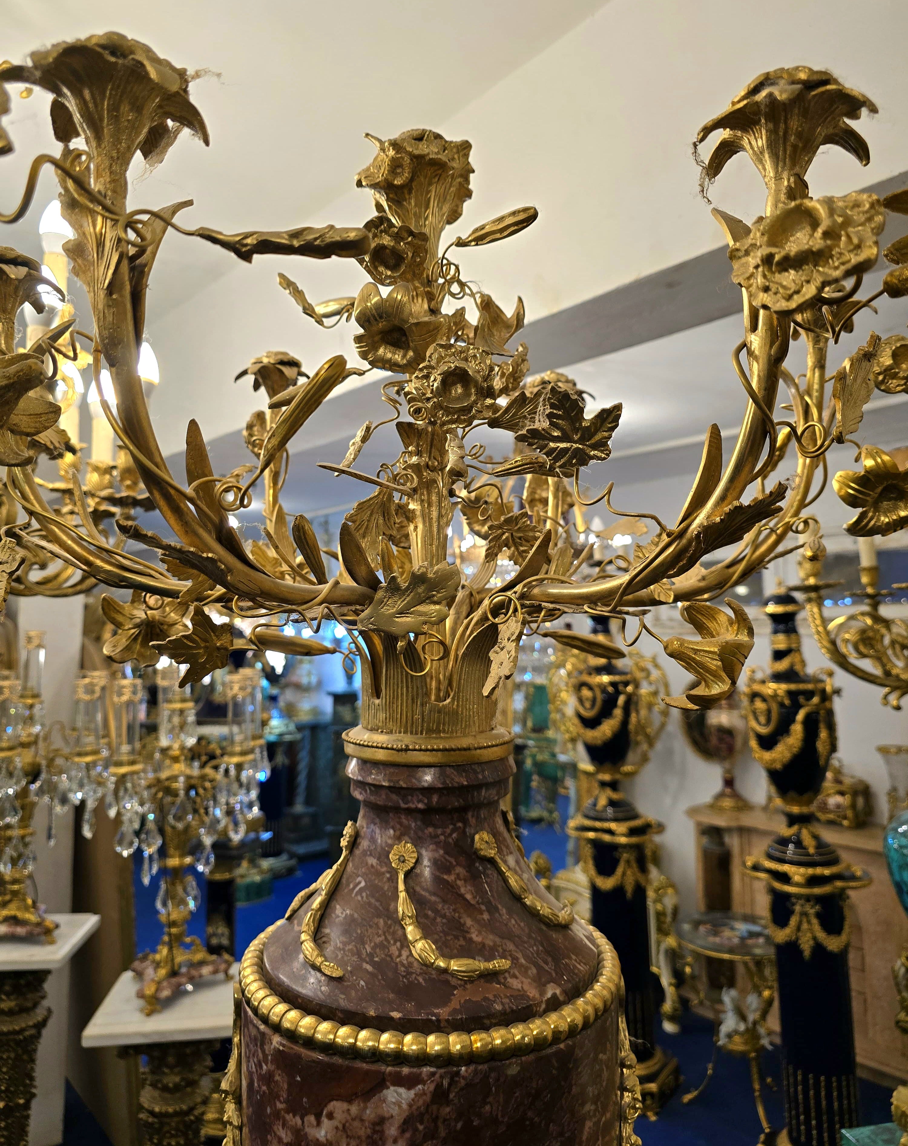 Magnificent Louis XVI-Style Porcelain Pedestal Centerpiece with Floral Gold Leaf Details & Gilded Bronze Accents