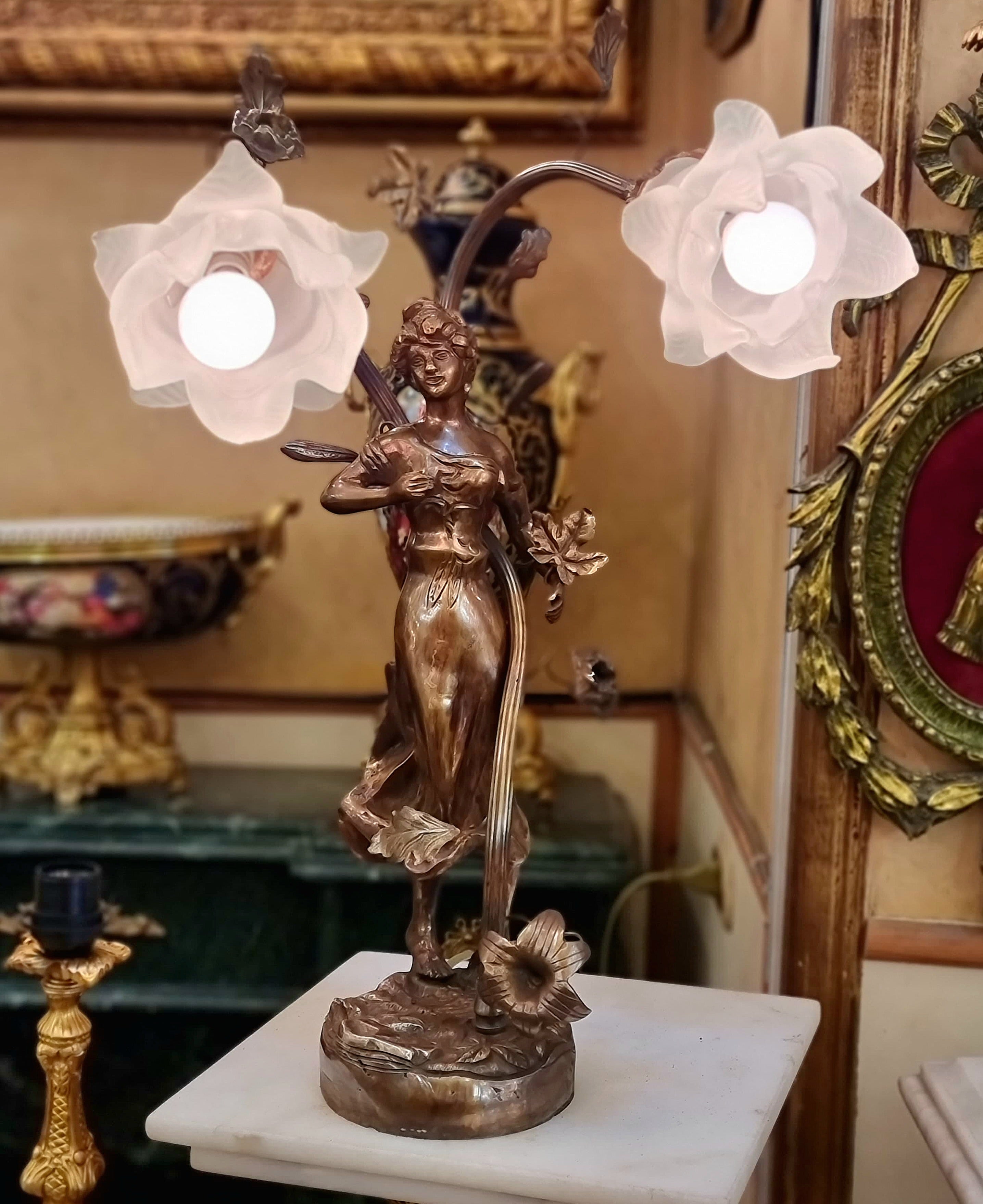Art Nouveau Lady Table Lamp with Floral Glass Shades & Bronze Finish