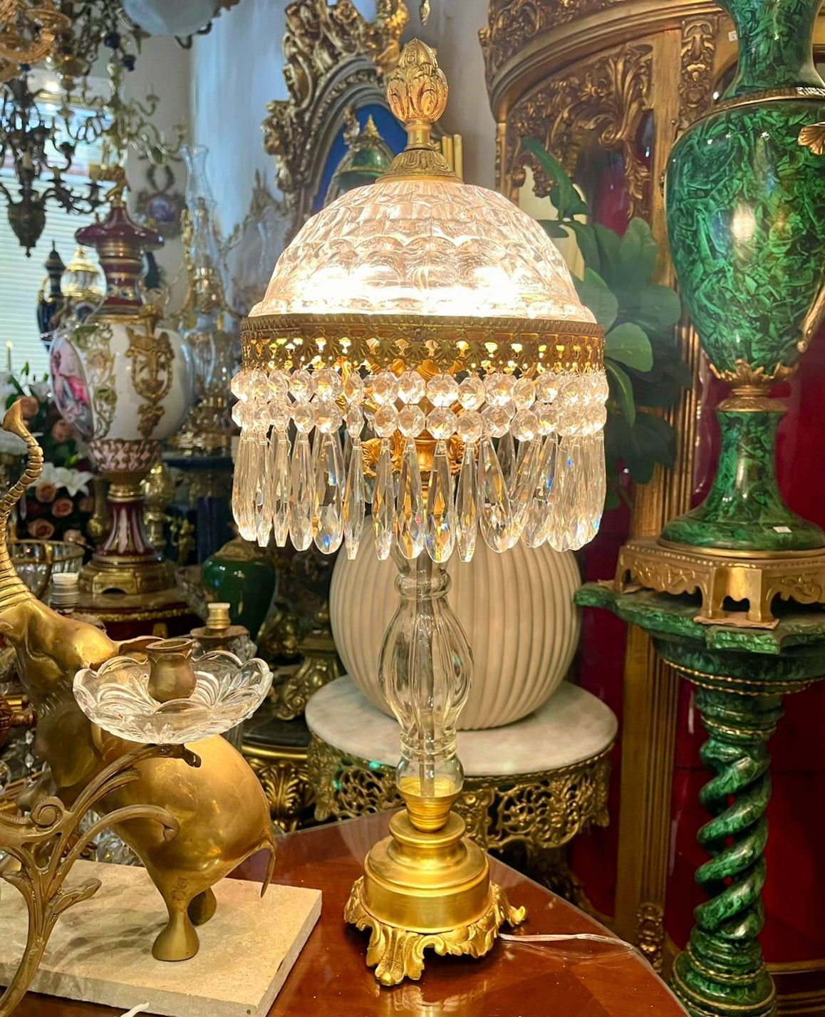 Luxury French Crystal Table Lamp – Gold Leaf & Bronze Details, Glamorous Statement Lighting