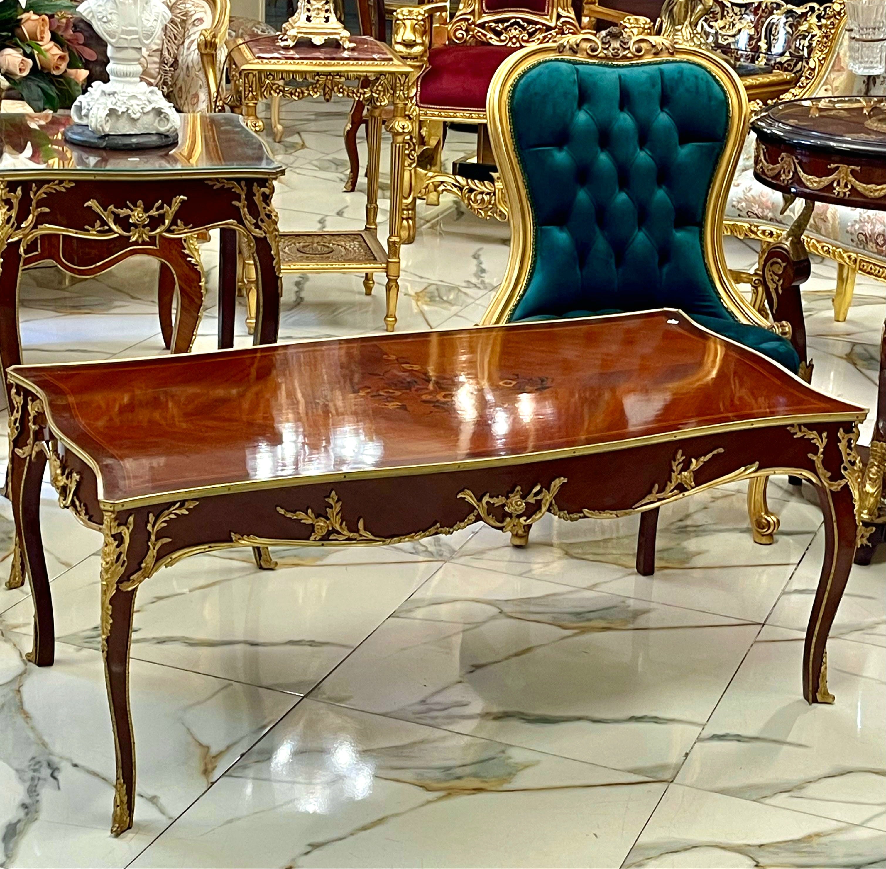 French Style Wooden Coffee Table – Copper Finish with Bronze Accents