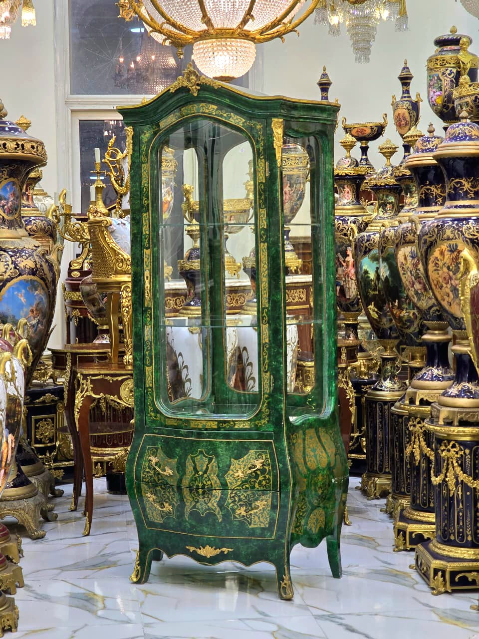 French Style Green Display Cabinet with Gold Leaf Details – Ornate Curio Vitrine Cabinet