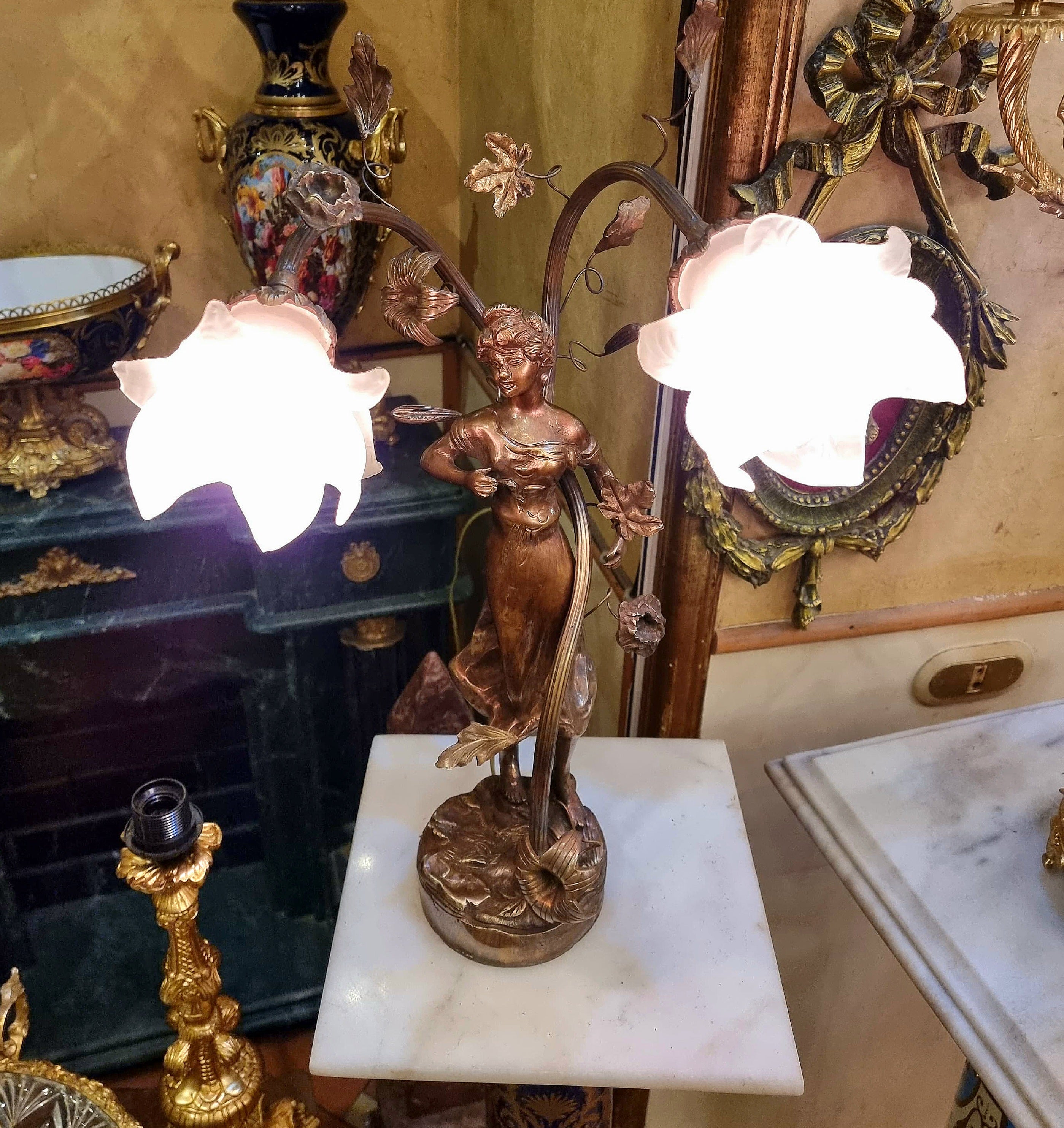 Art Nouveau Lady Table Lamp with Floral Glass Shades & Bronze Finish