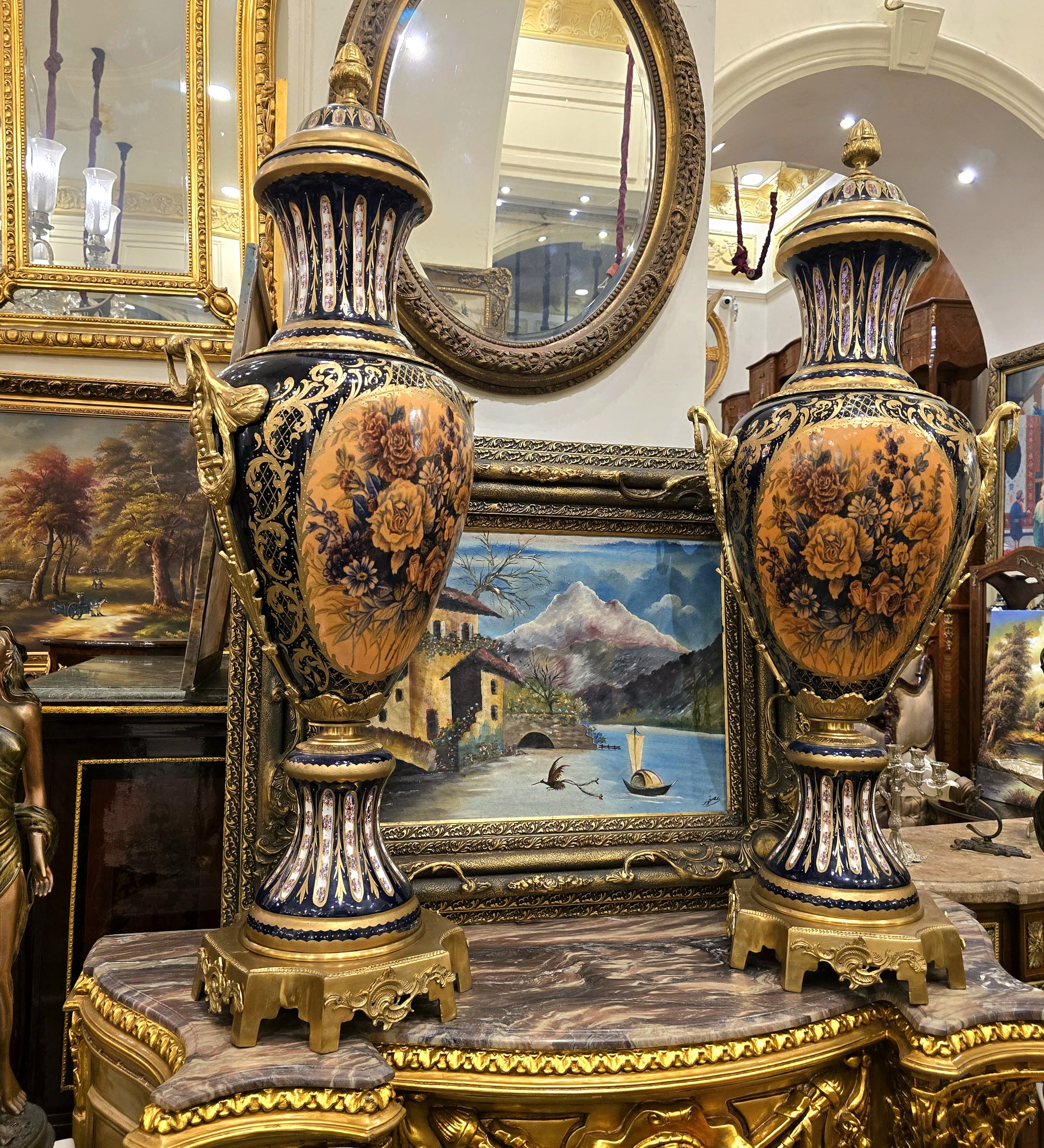French Style Blue Porcelain Vase with Floral Bouquet Artwork, Gold Leaf & Bronze Accents