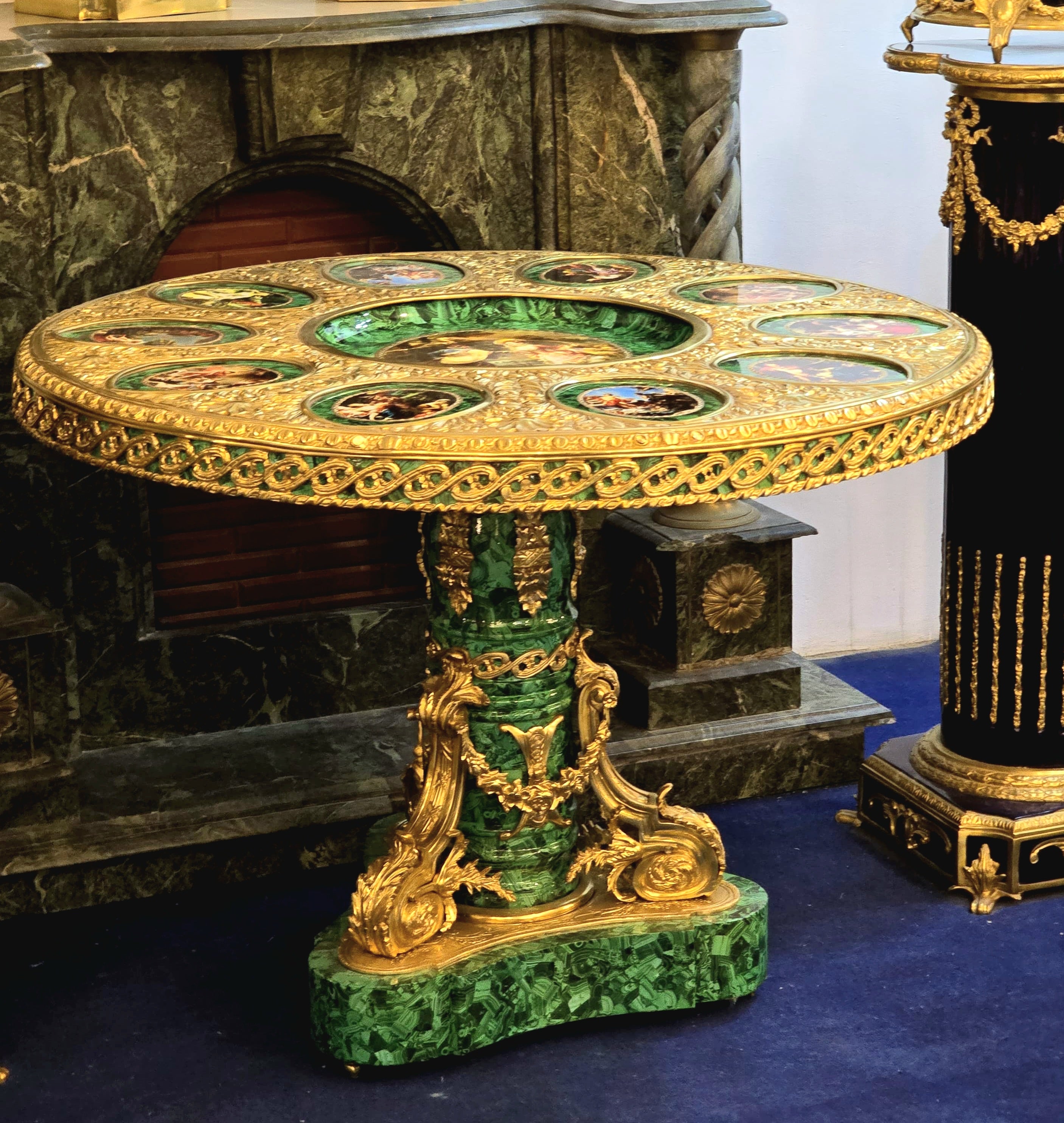 Victorian Inspired French Rococo Round Dining Table with Gold Details & Green Finish