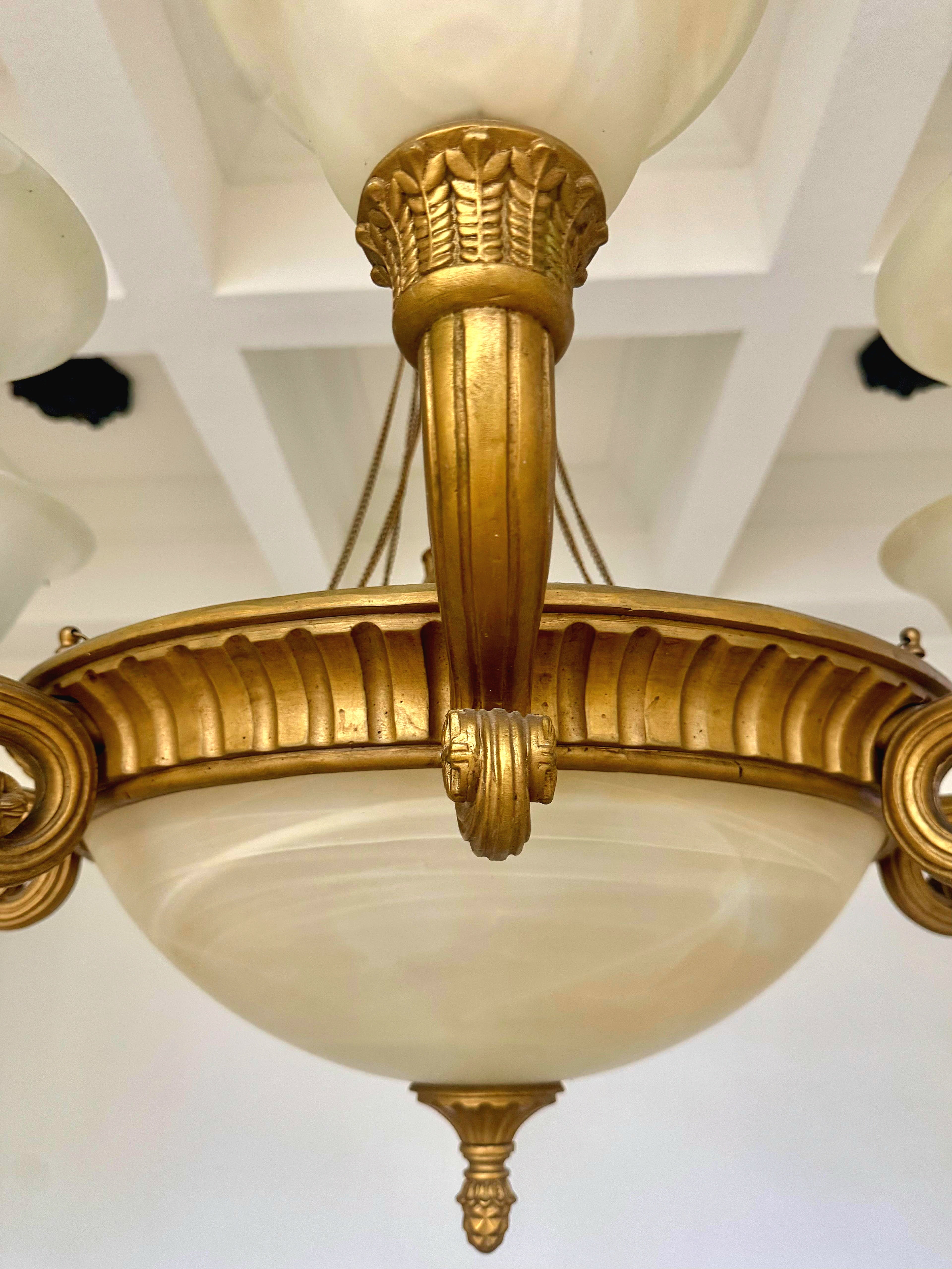 French Empire Vintage 36" Neoclassical Alabaster & Heavy Gilded Brass Chandelier 11 Bulbs