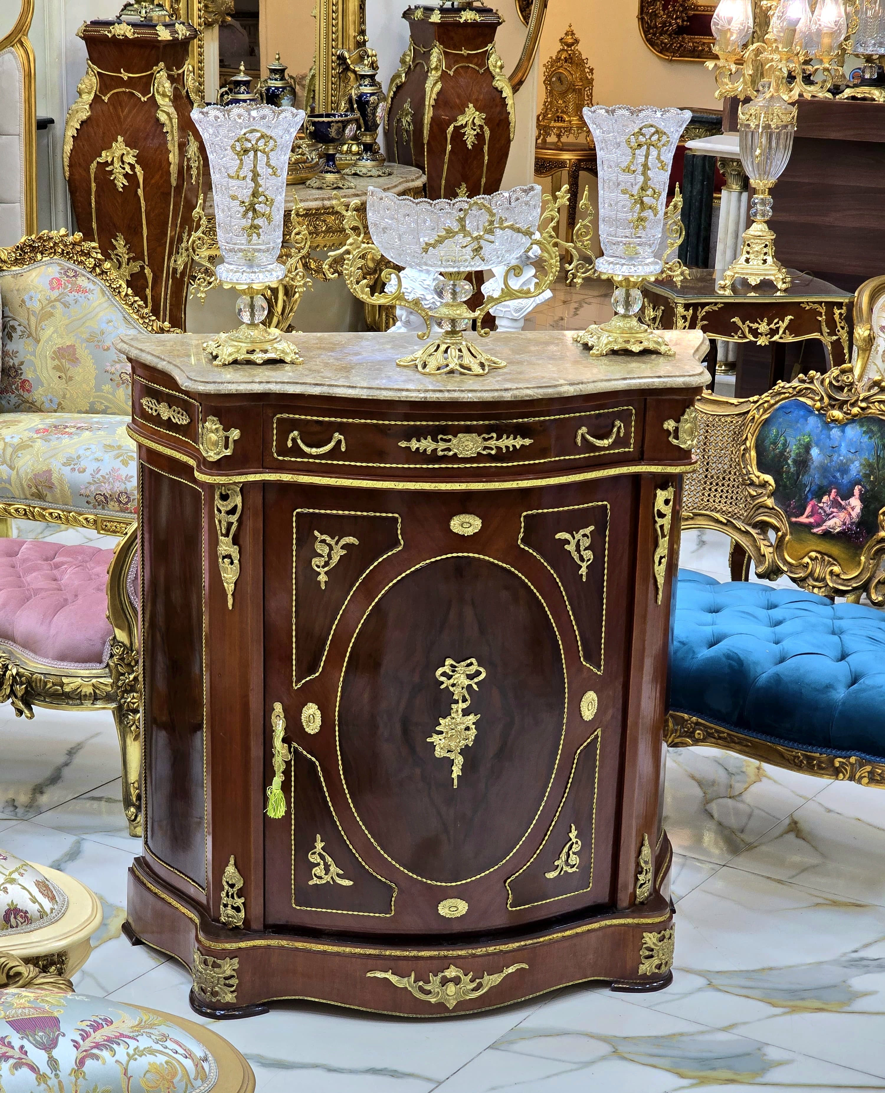 Louis XVI Marble Top Commode with Top Drawer & Marquetry Inlay