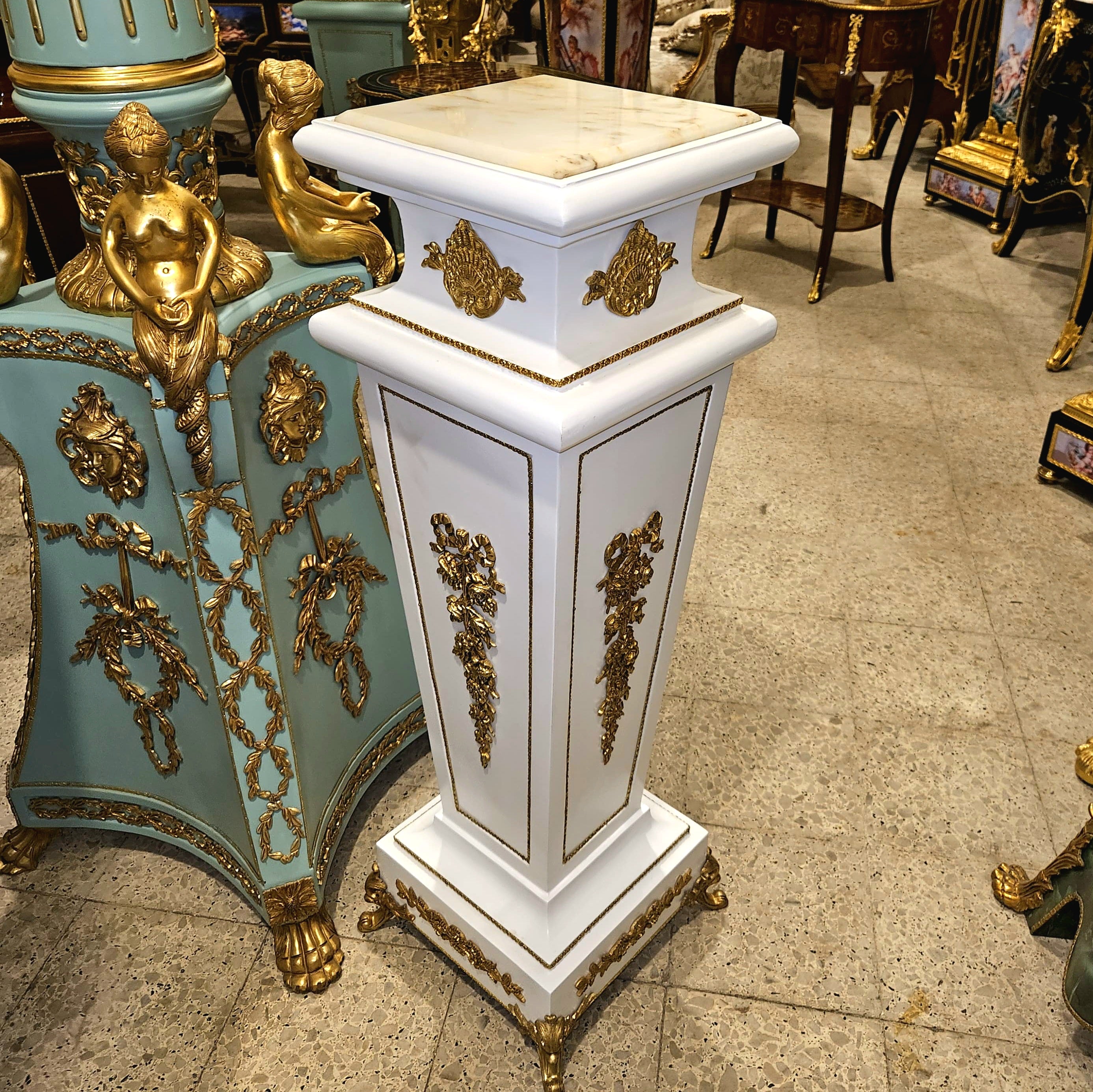 French Rococo White Geometric Pedestal – Marble Top Column with Bronze & Gold Leaf Details