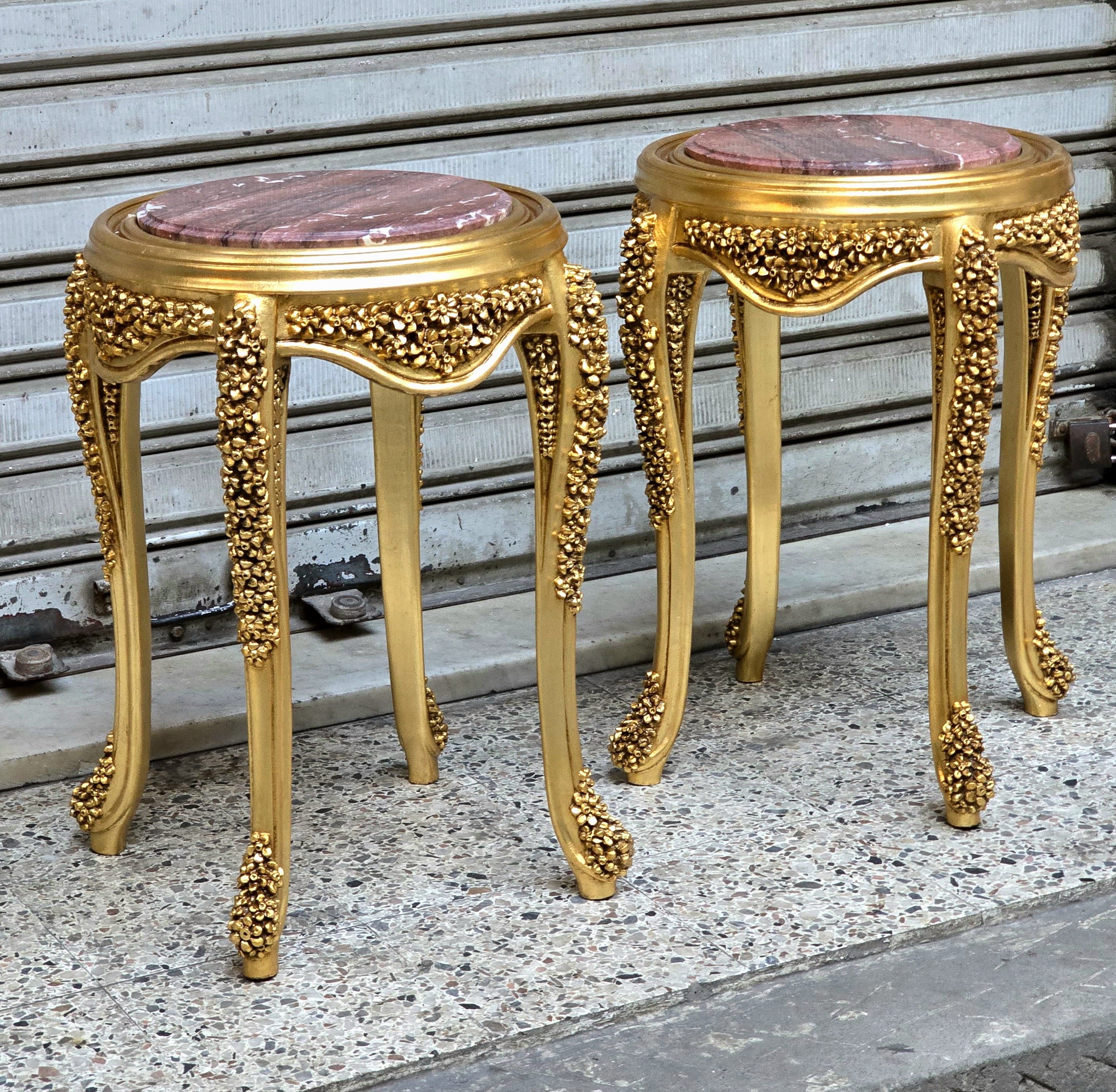 French Style Gold Leaf Side Table – Multicolor Marble Top Accent Table with Ornate European Details