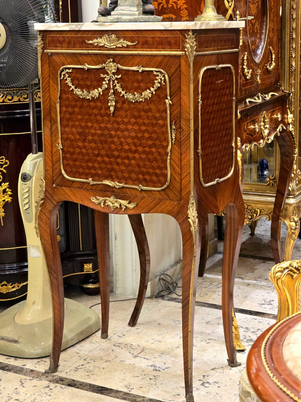 French Louis XV Marble Top Bedside Cabinet with Gold Leaf Details – Elegant Wood Nightstand