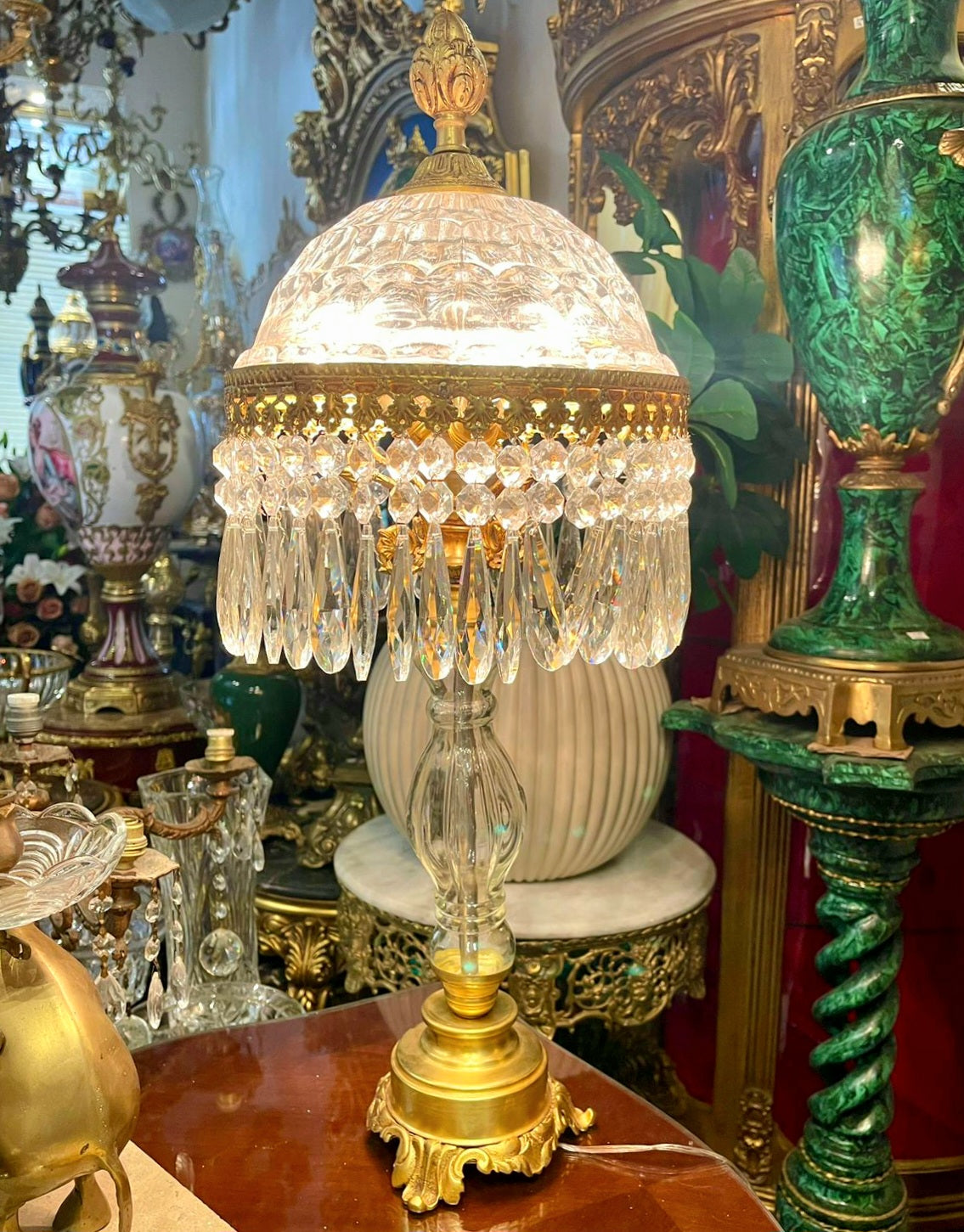 Luxury French Crystal Table Lamp – Gold Leaf & Bronze Details, Glamorous Statement Lighting