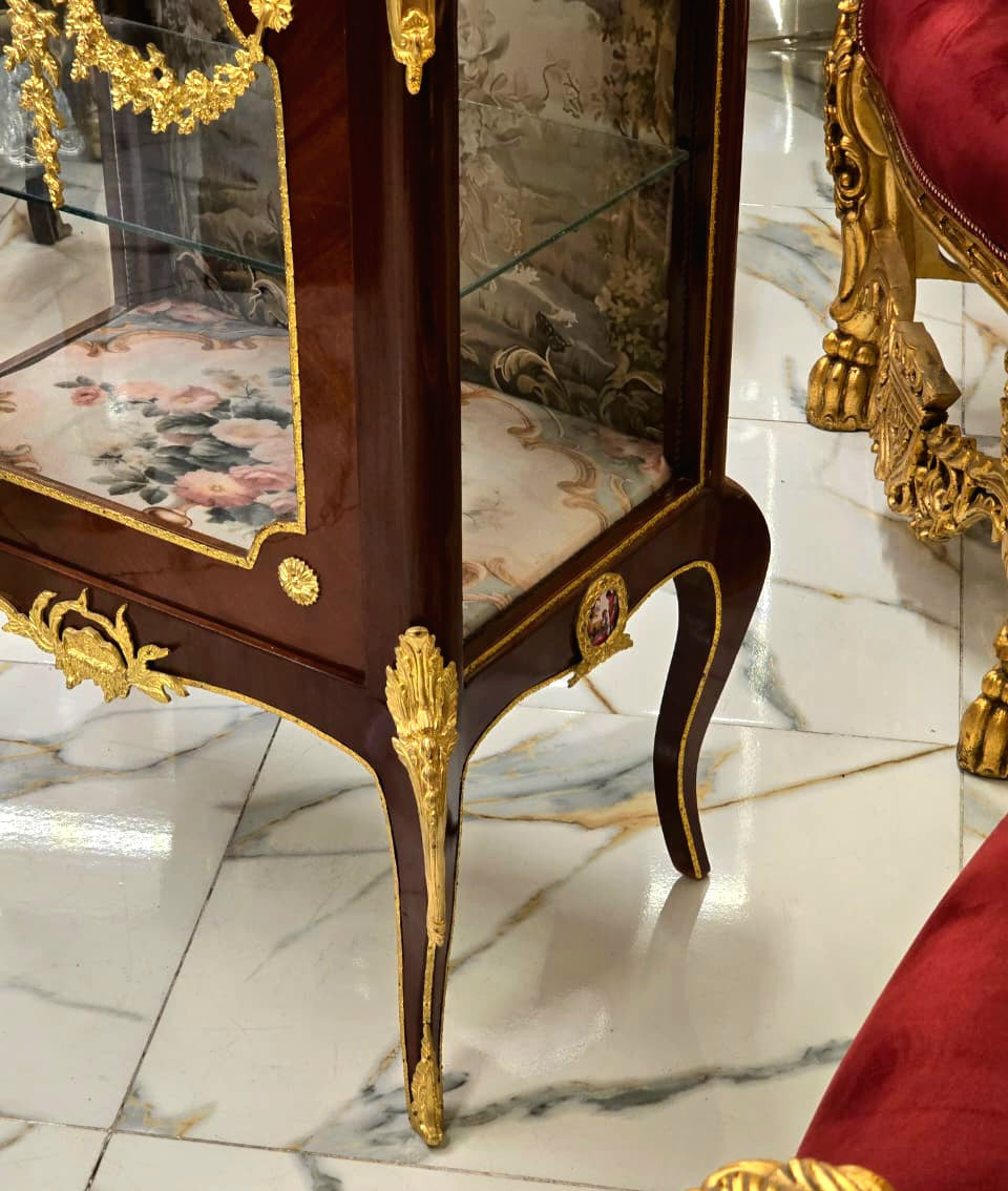 Louis XV Marquetry Bedside Cabinet with Floral Damask Interior & Marble Top