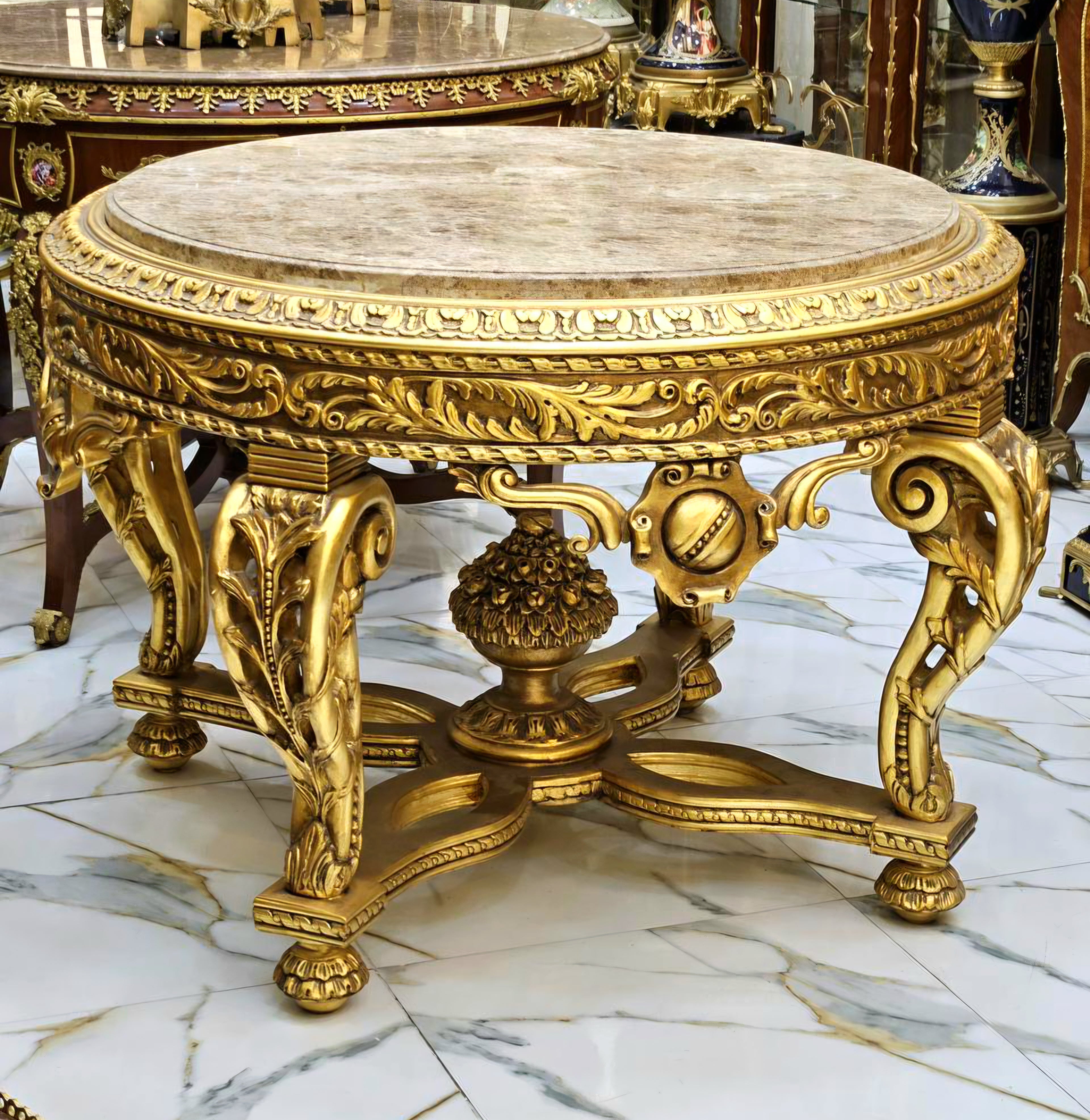 Victorian French Style Center Table – Fully Gold Leaf Gilded with Marble Top, Ornate Antique Design