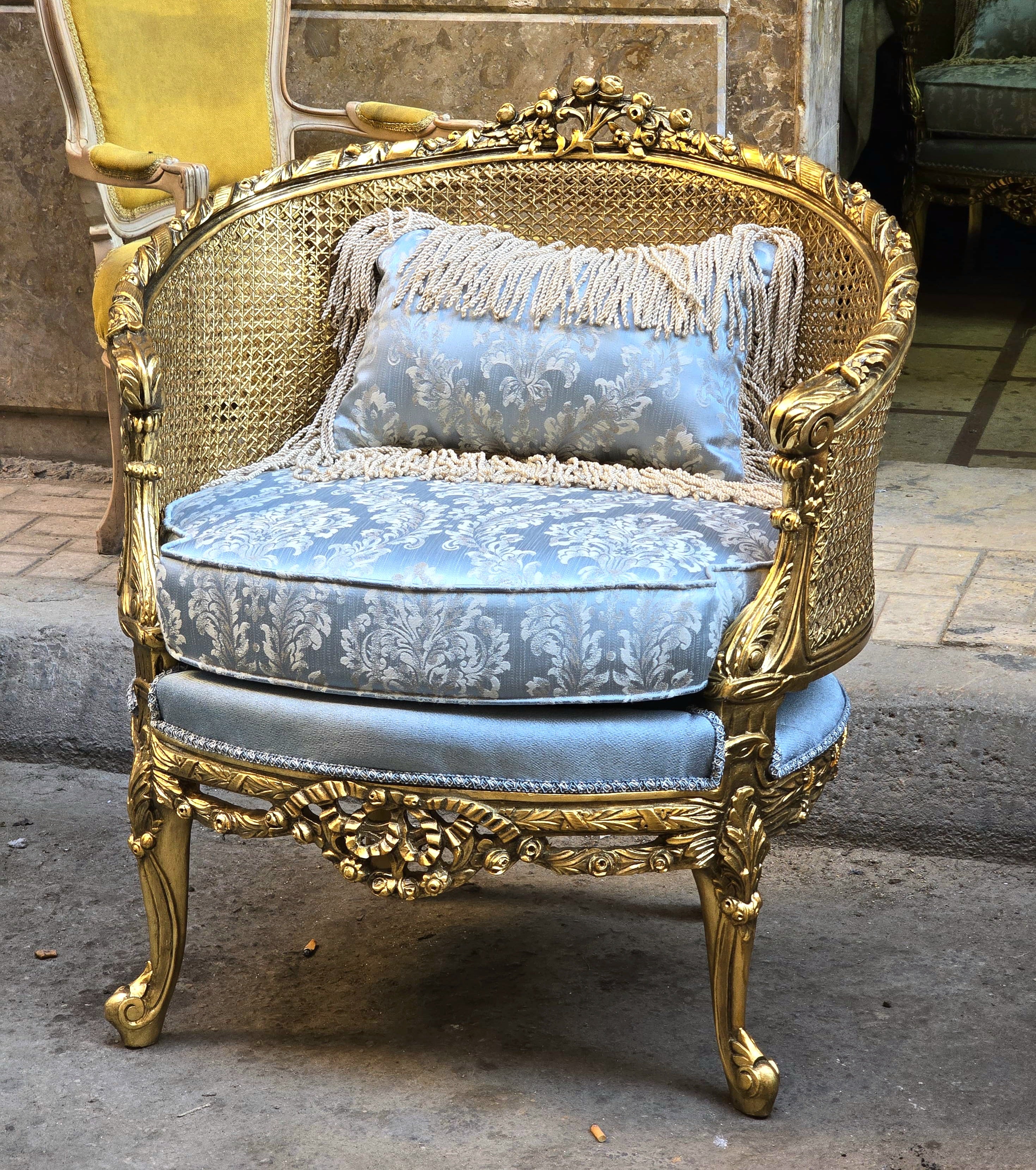 Baroque Style Sky Blue Damask Armchair – Gold Leaf Accent Chair with Pillow, Luxury French Seating