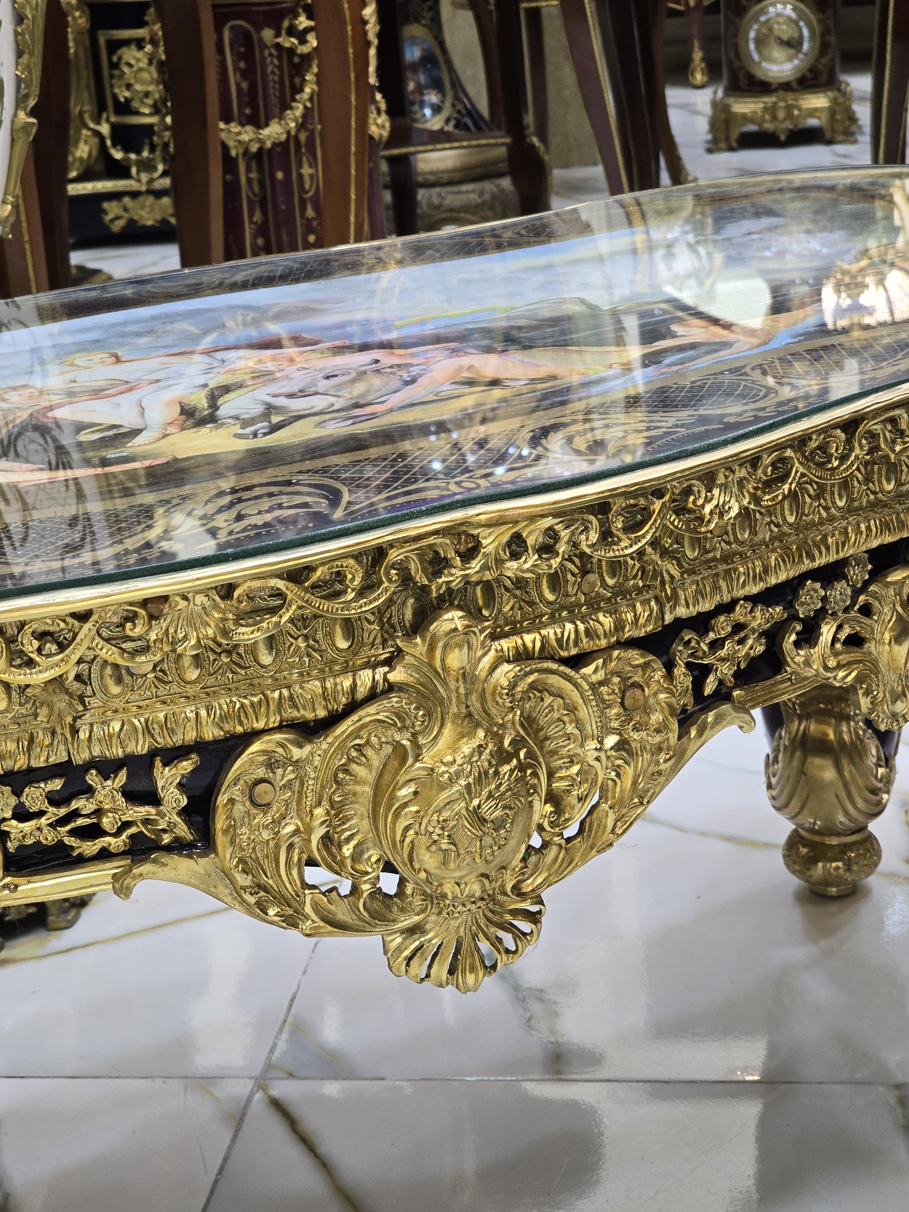 Monumental French Rococo Coffee Table with Hand-Painted Artwork Under Glass & Gilded Bronze Details