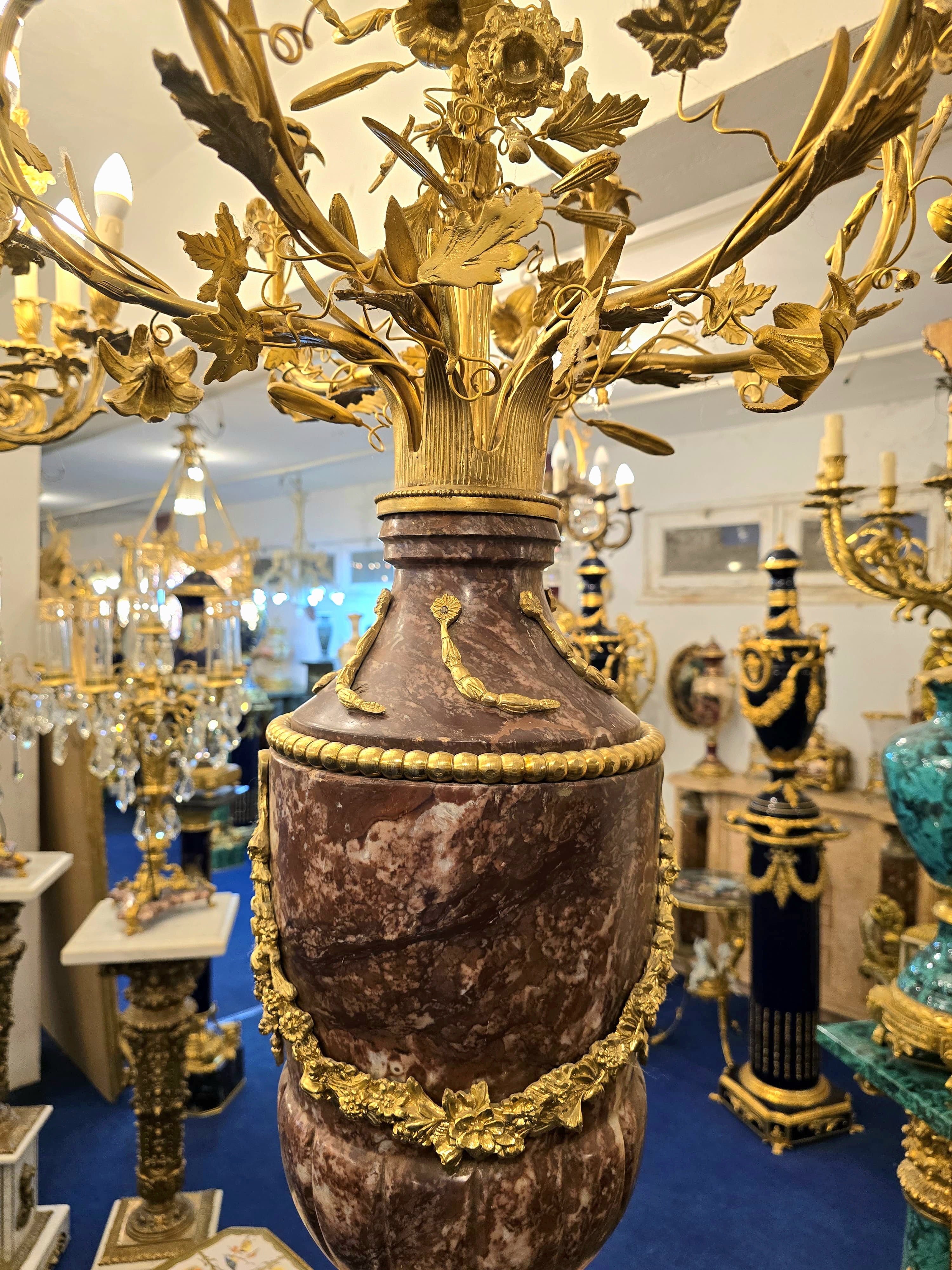 Magnificent Louis XVI-Style Porcelain Pedestal Centerpiece with Floral Gold Leaf Details & Gilded Bronze Accents