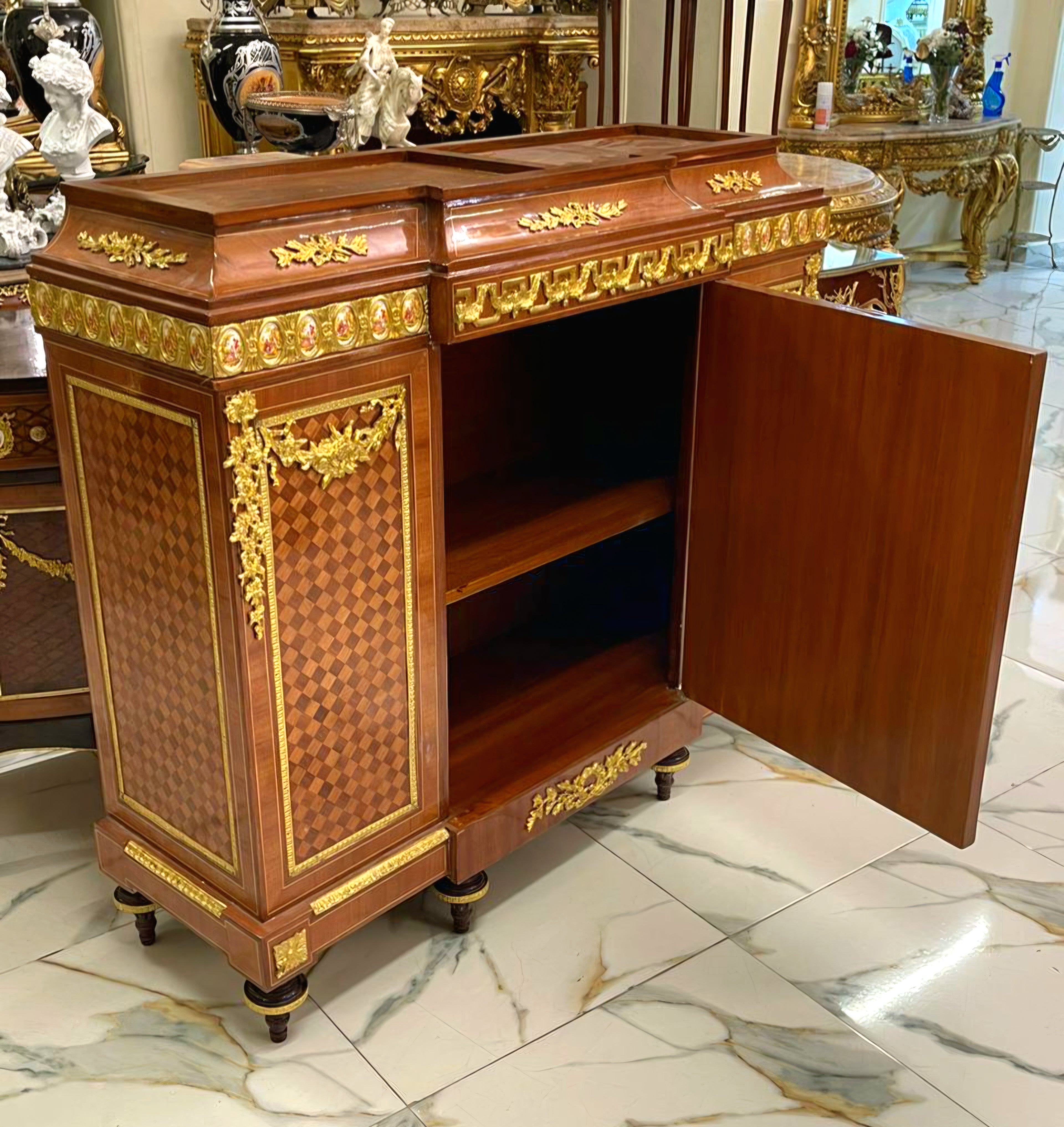 Antique French Louis XVI Brown Commode – Marble Top, Marquetry & Gold Leaf Cabinet