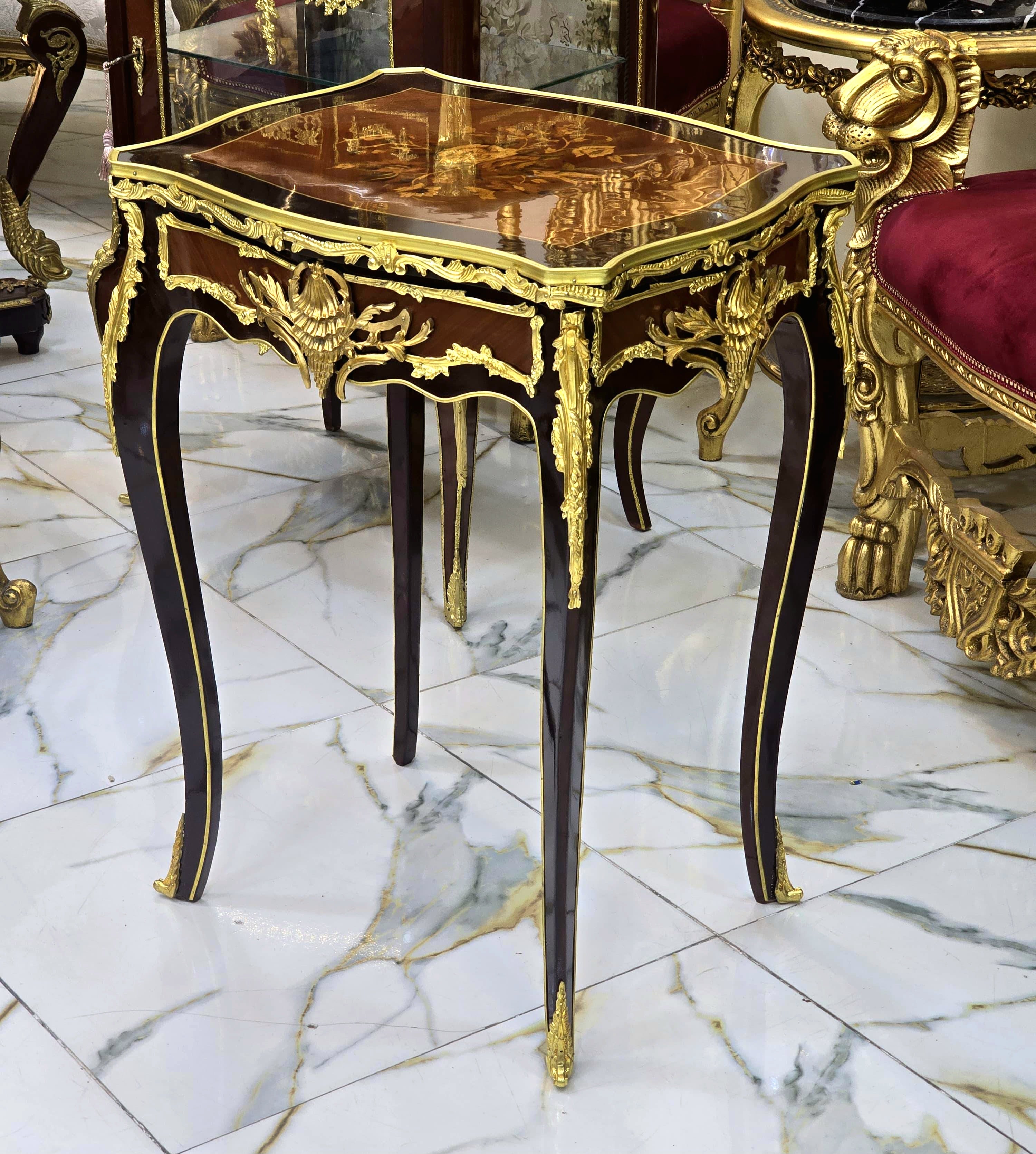 French Accent Side Table with Glass Top, Gold Leaf & Bronze Details