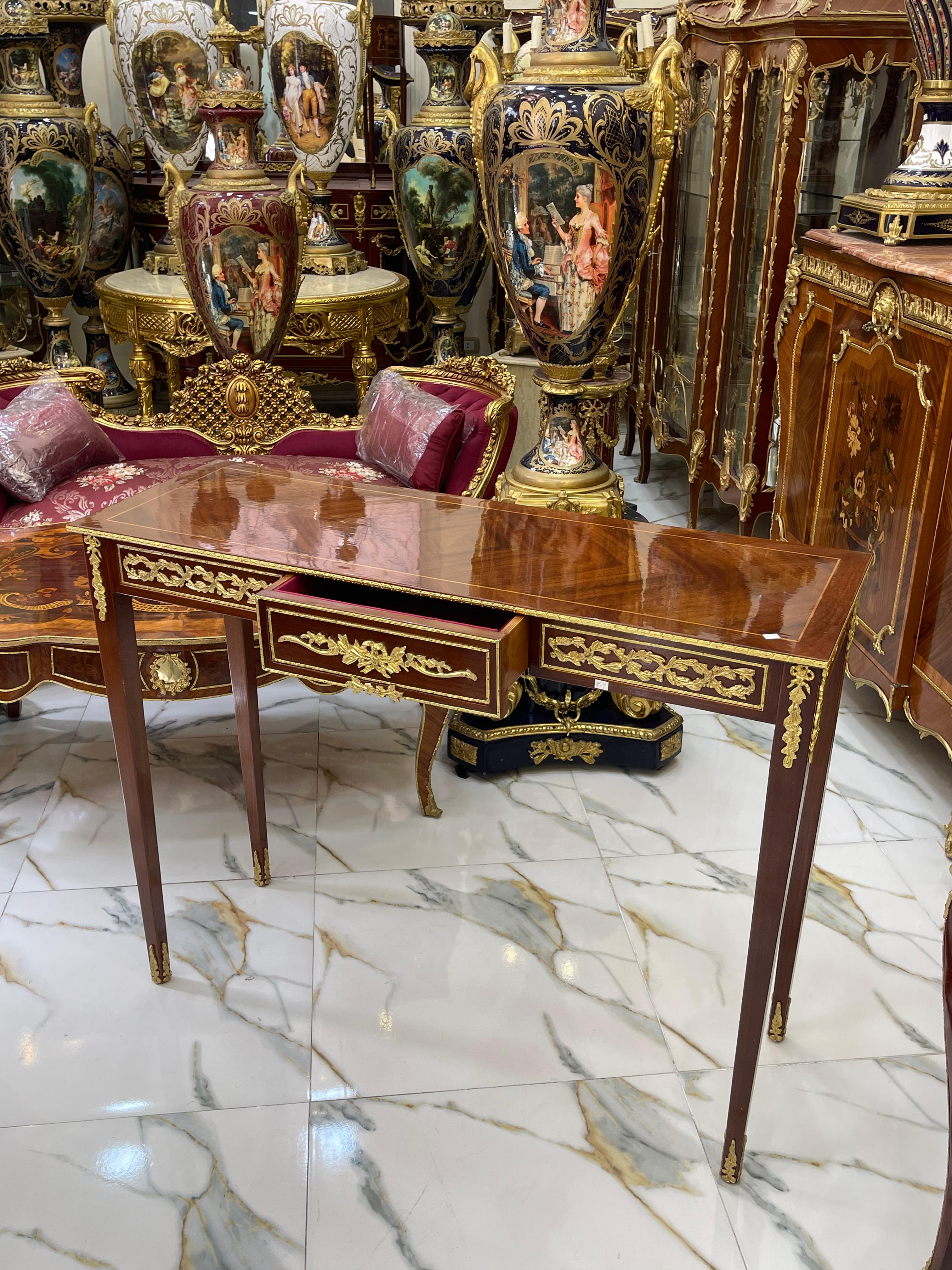 Vintage French Style Console Table / Desk – Handcrafted Brown Finish with Gold Leaf Trim, 35"H x 44"W x 15"D